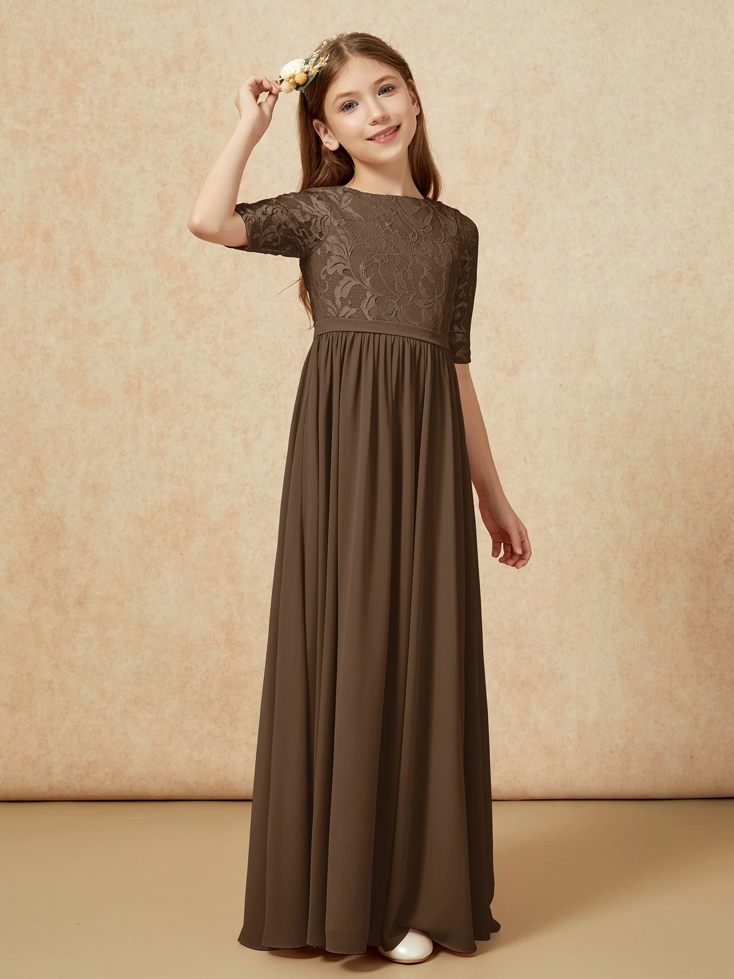 Halbarm Spitzen Oberteil Chiffon Junge Brautjungfernkleider Braun - Image 3
