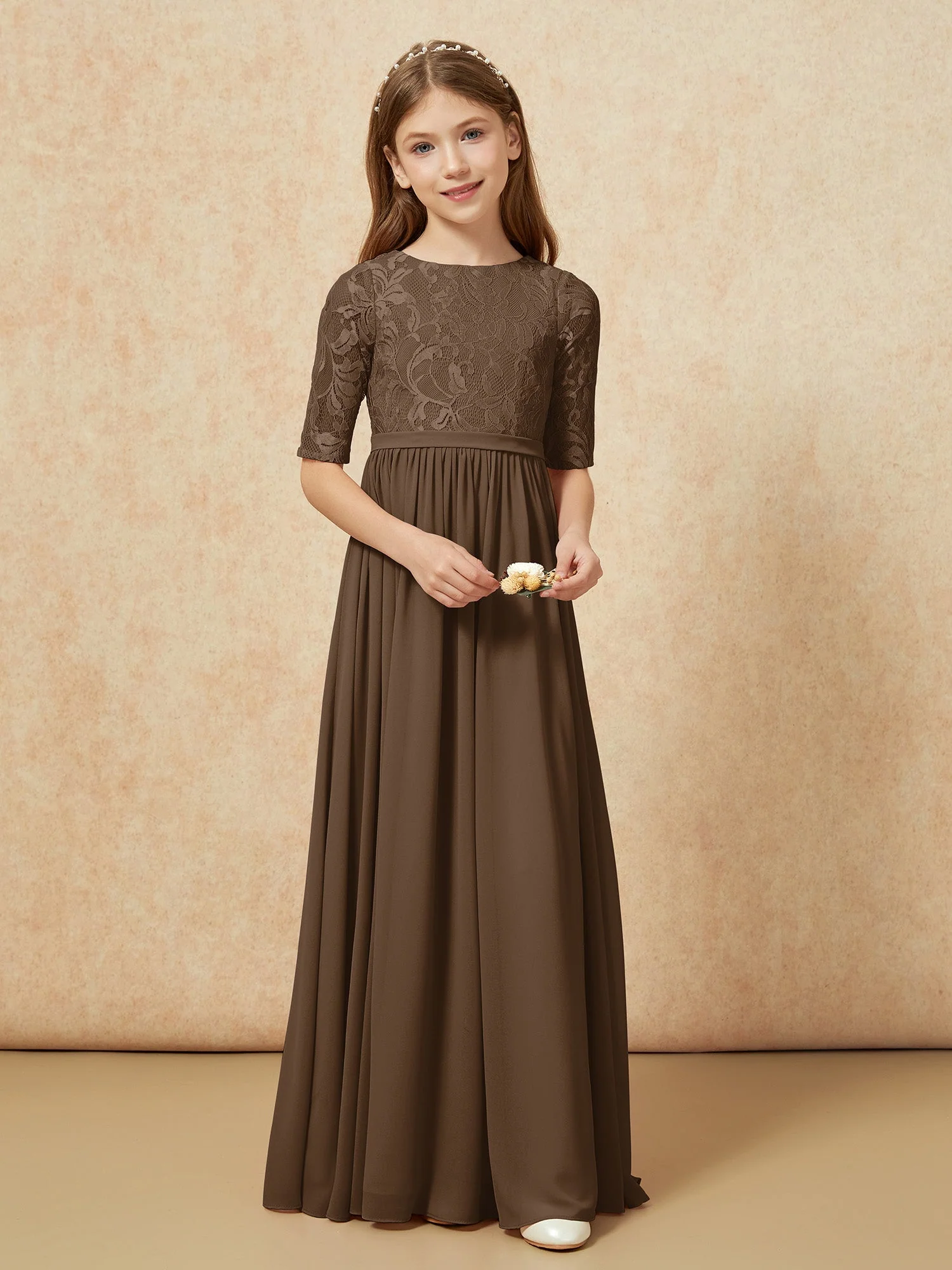Halbarm Spitzen Oberteil Chiffon Junge Brautjungfernkleider Braun - Image 4