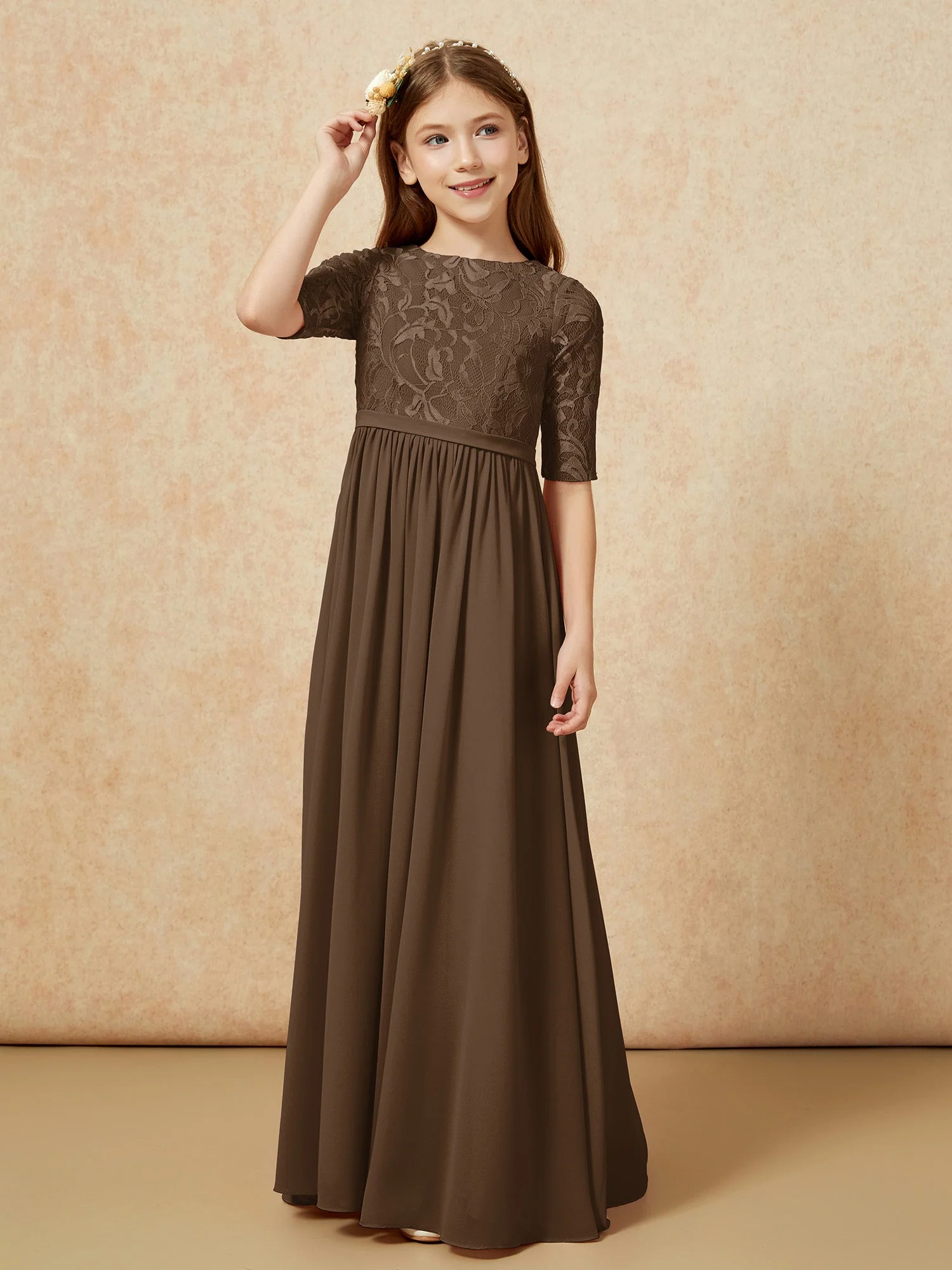 Halbarm Spitzen Oberteil Chiffon Junge Brautjungfernkleider Braun - Image 5