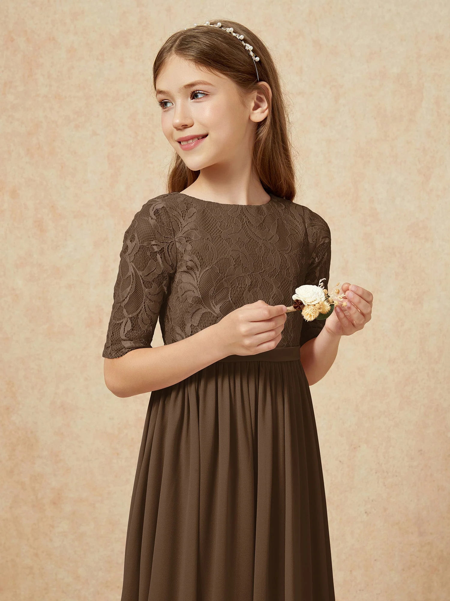 Halbarm Spitzen Oberteil Chiffon Junge Brautjungfernkleider Braun - Image 6