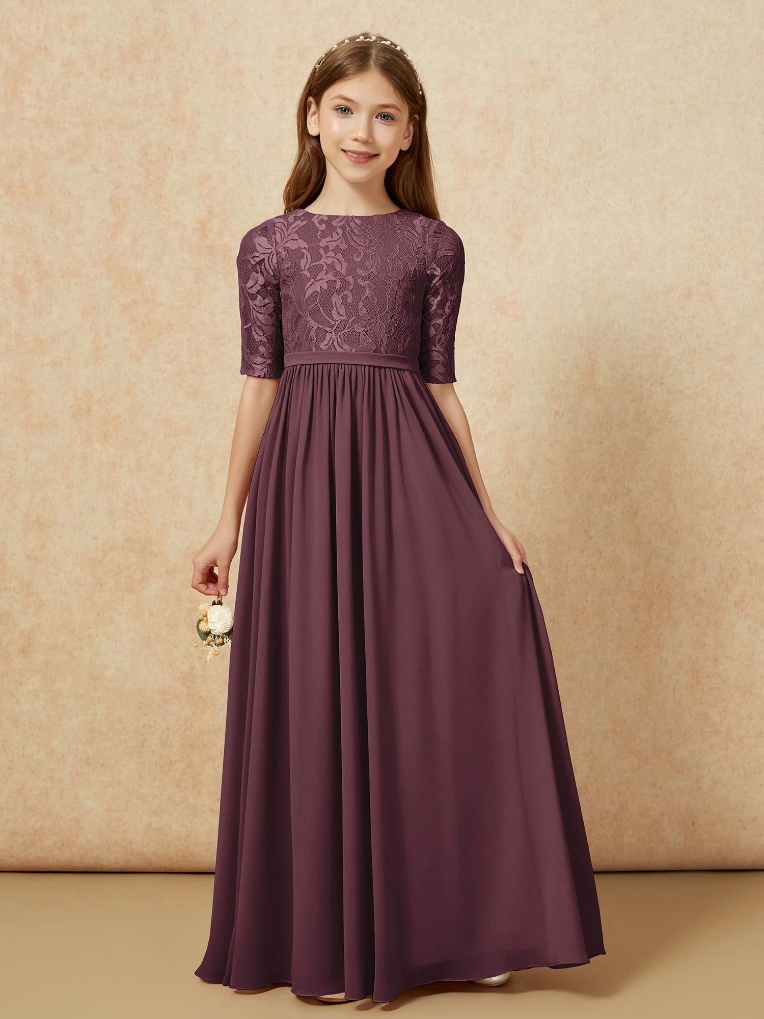 Halbarm Spitzen Oberteil Chiffon Junge Brautjungfernkleider Cabernet