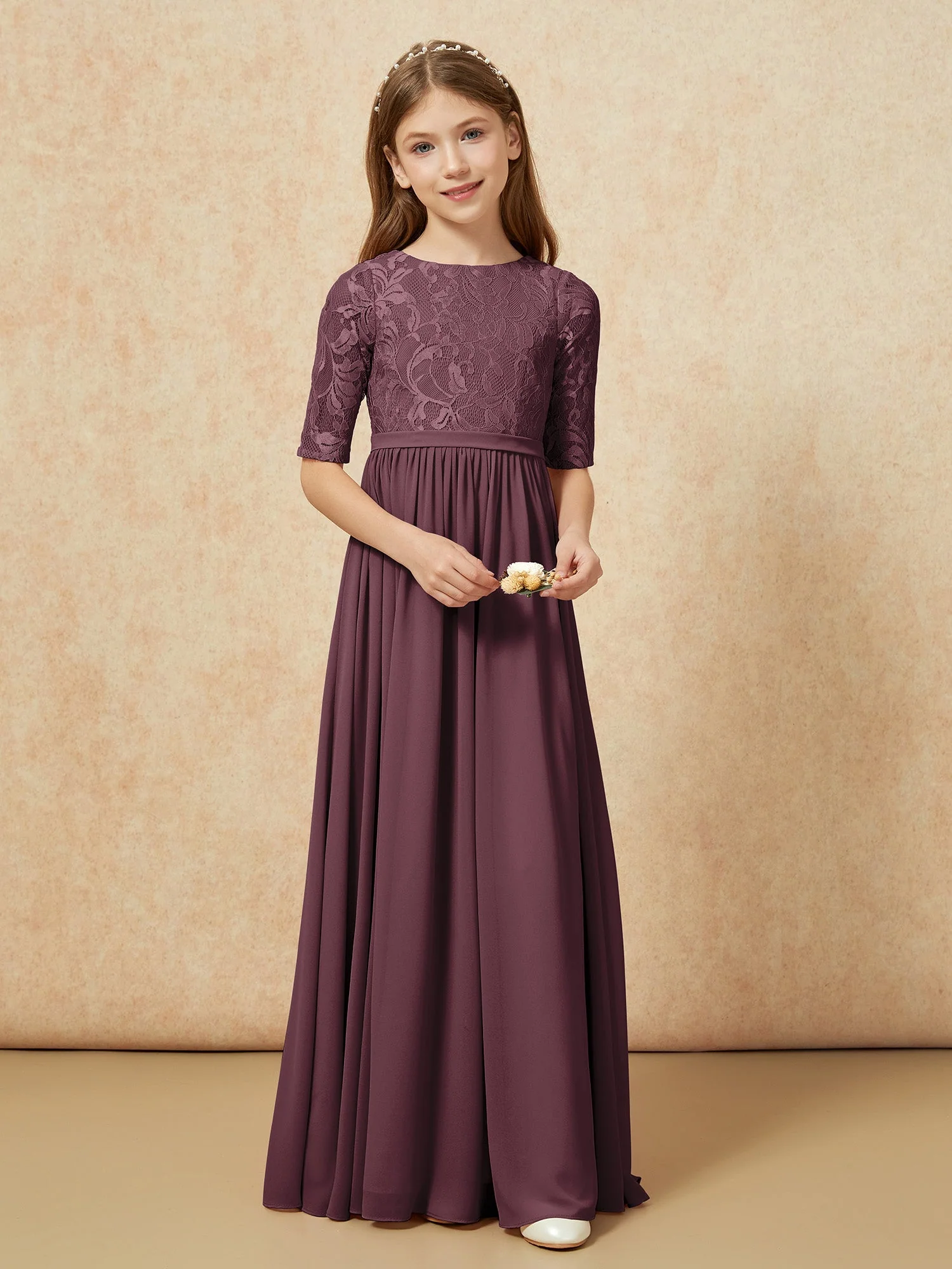 Halbarm Spitzen Oberteil Chiffon Junge Brautjungfernkleider Cabernet - Image 4