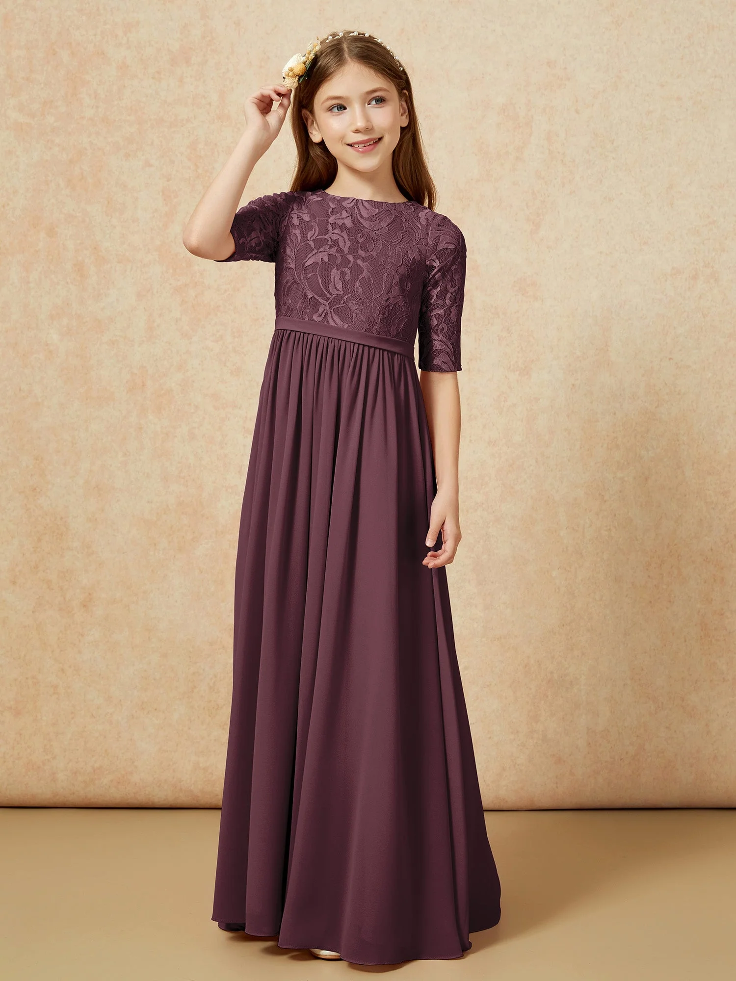 Halbarm Spitzen Oberteil Chiffon Junge Brautjungfernkleider Cabernet - Image 5