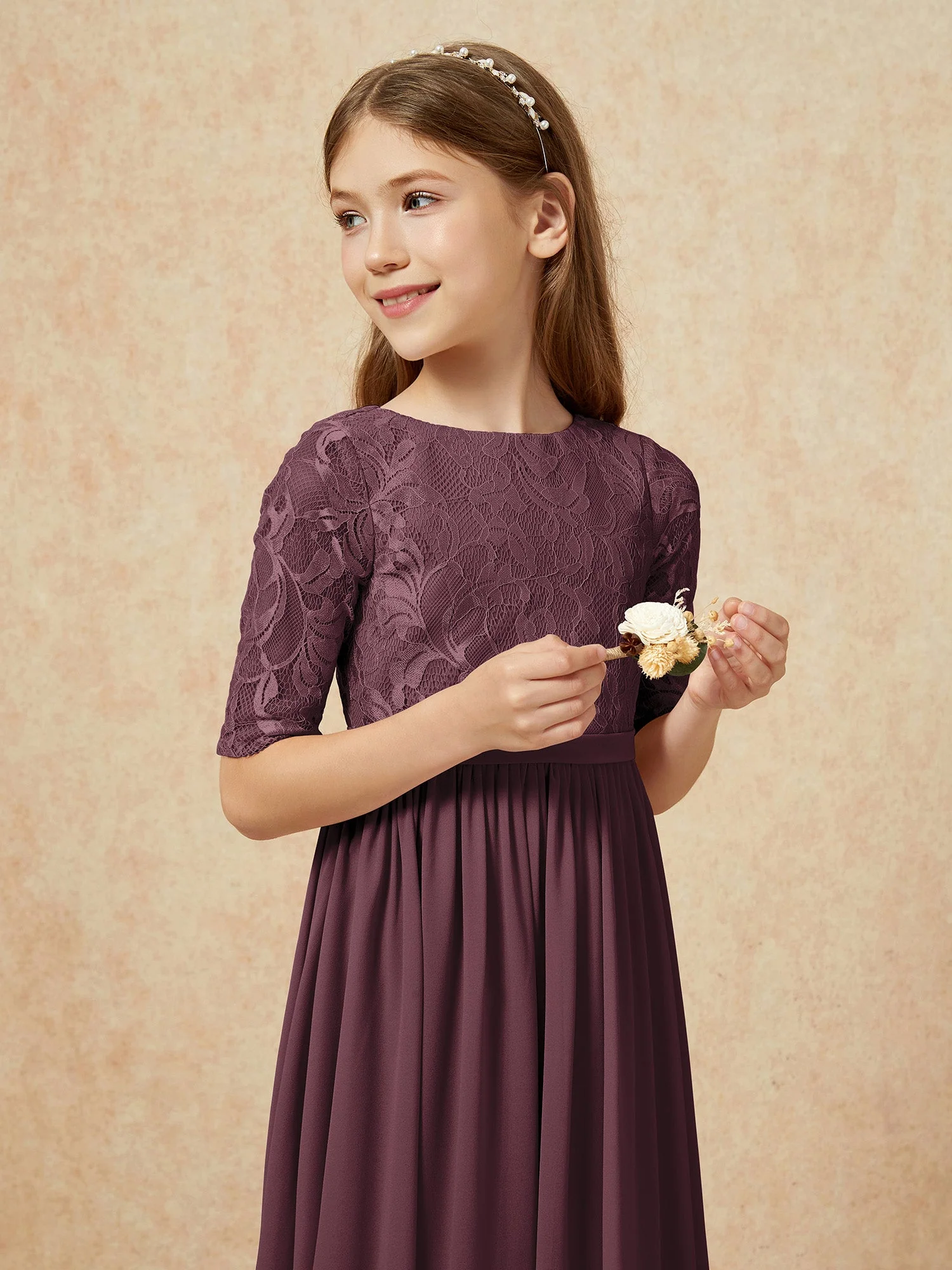Halbarm Spitzen Oberteil Chiffon Junge Brautjungfernkleider Cabernet - Image 6