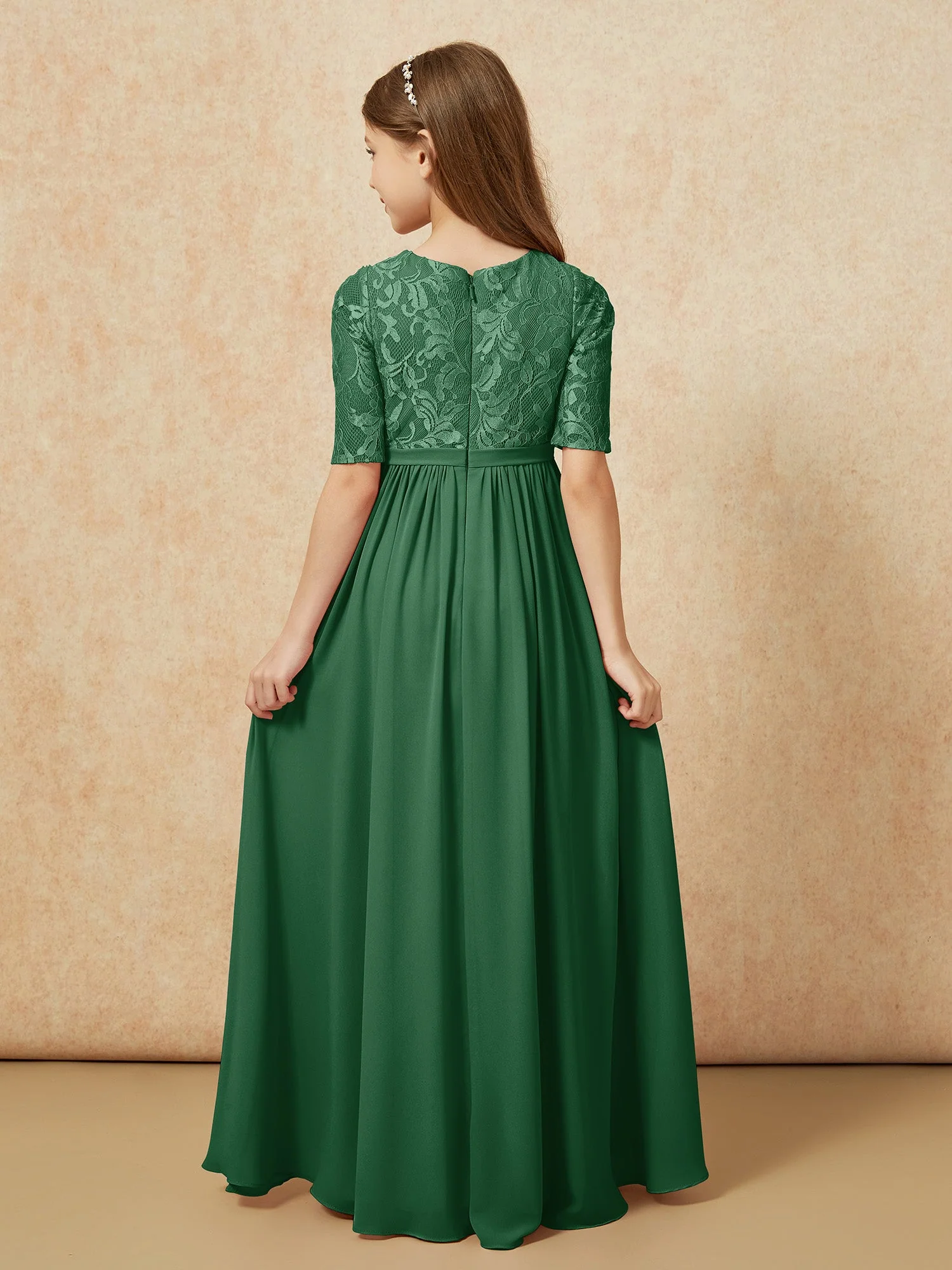 Halbarm Spitzen Oberteil Chiffon Junge Brautjungfernkleider Dunkelgrün - Image 2
