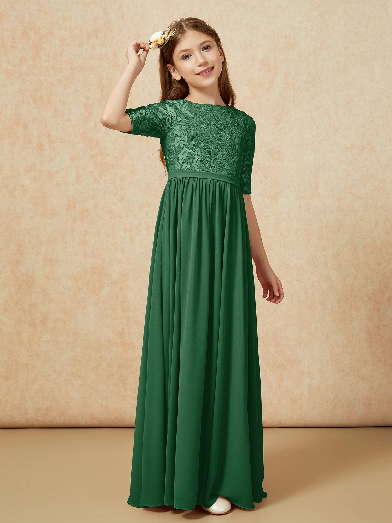 Halbarm Spitzen Oberteil Chiffon Junge Brautjungfernkleider Dunkelgrün - Image 3