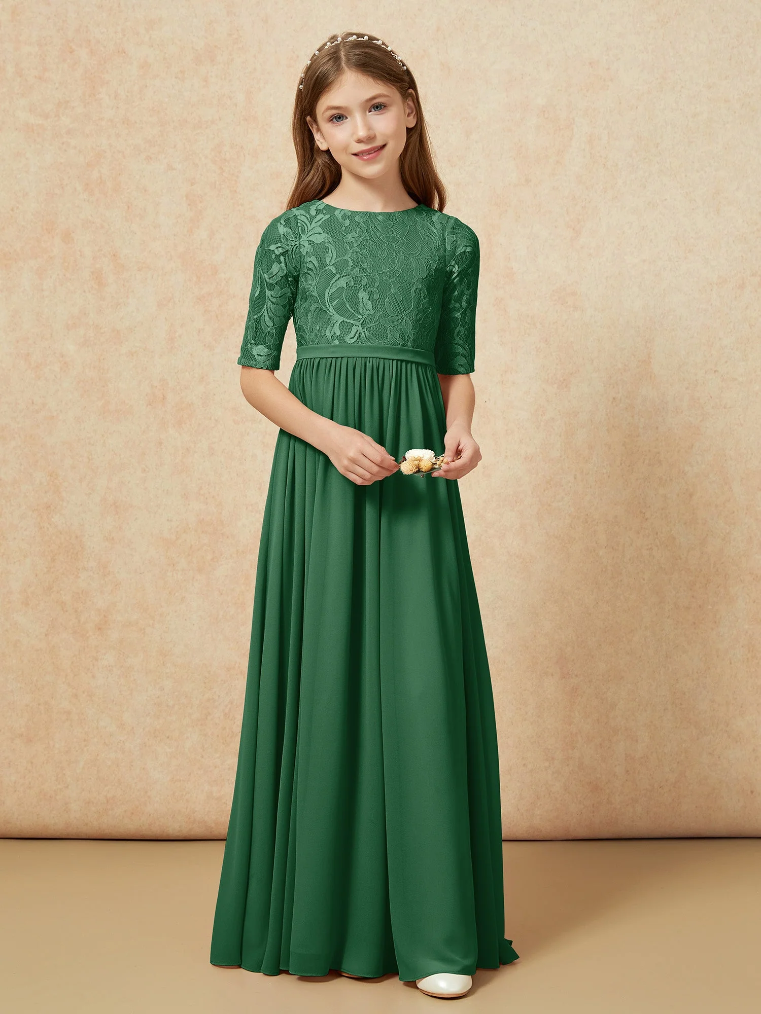 Halbarm Spitzen Oberteil Chiffon Junge Brautjungfernkleider Dunkelgrün - Image 4