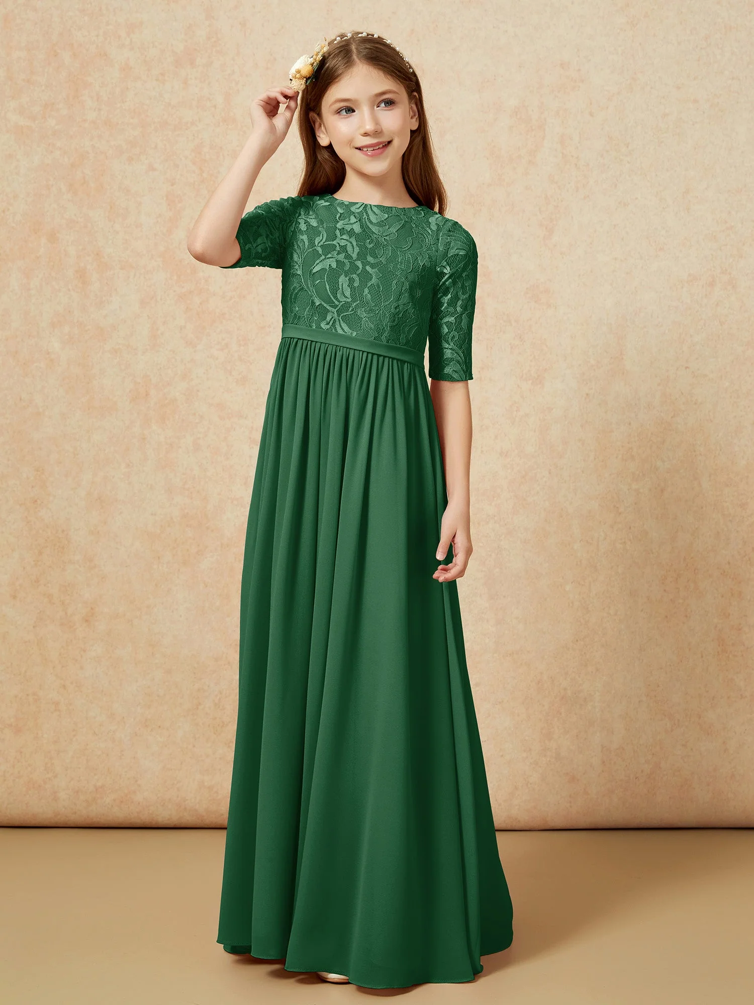 Halbarm Spitzen Oberteil Chiffon Junge Brautjungfernkleider Dunkelgrün - Image 5