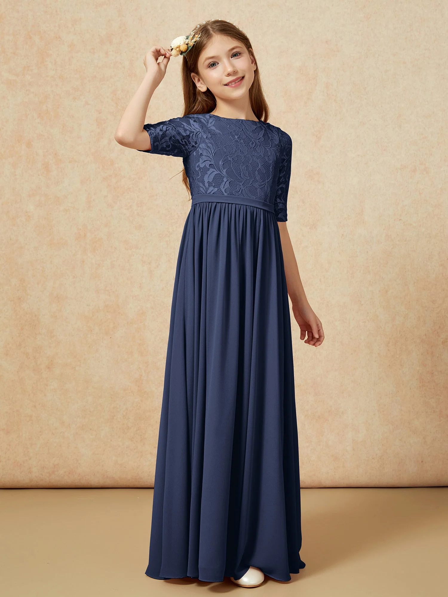 Halbarm Spitzen Oberteil Chiffon Junge Brautjungfernkleider Dunkelmarine - Image 3