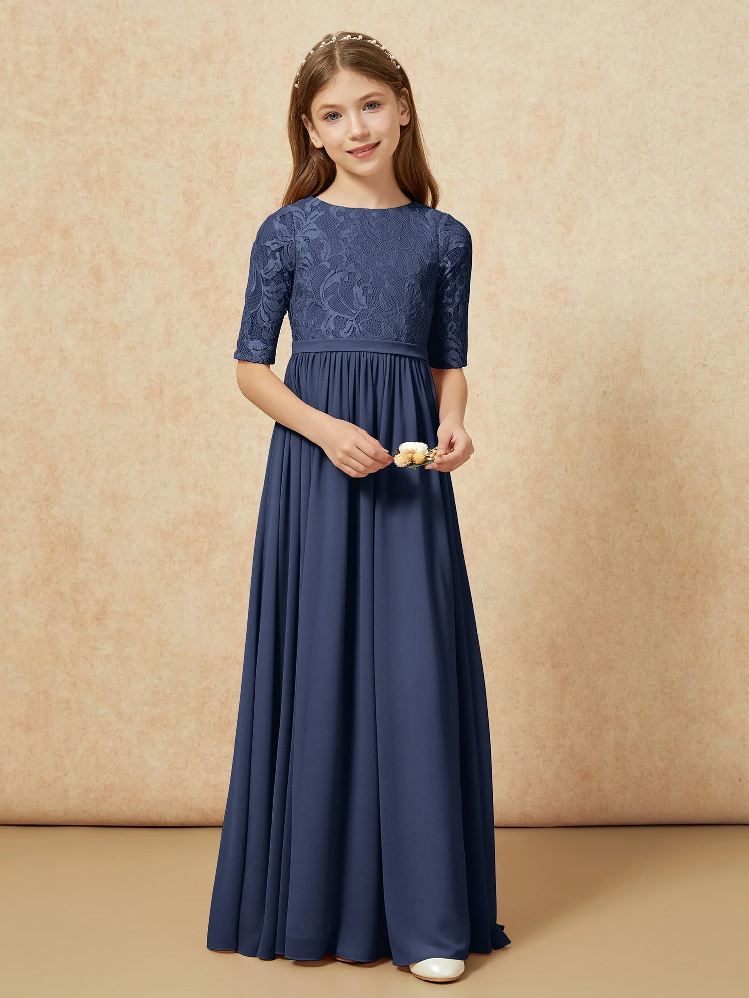 Halbarm Spitzen Oberteil Chiffon Junge Brautjungfernkleider Dunkelmarine - Image 4