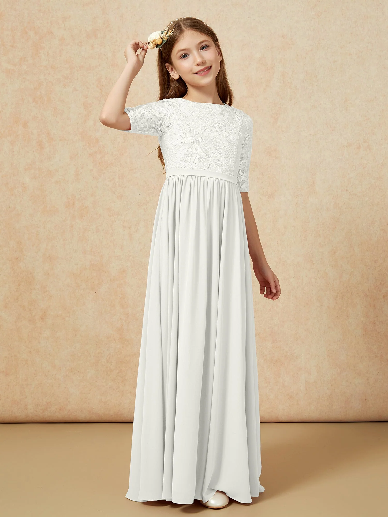 Halbarm Spitzen Oberteil Chiffon Junge Brautjungfernkleider Elfenbein - Image 3