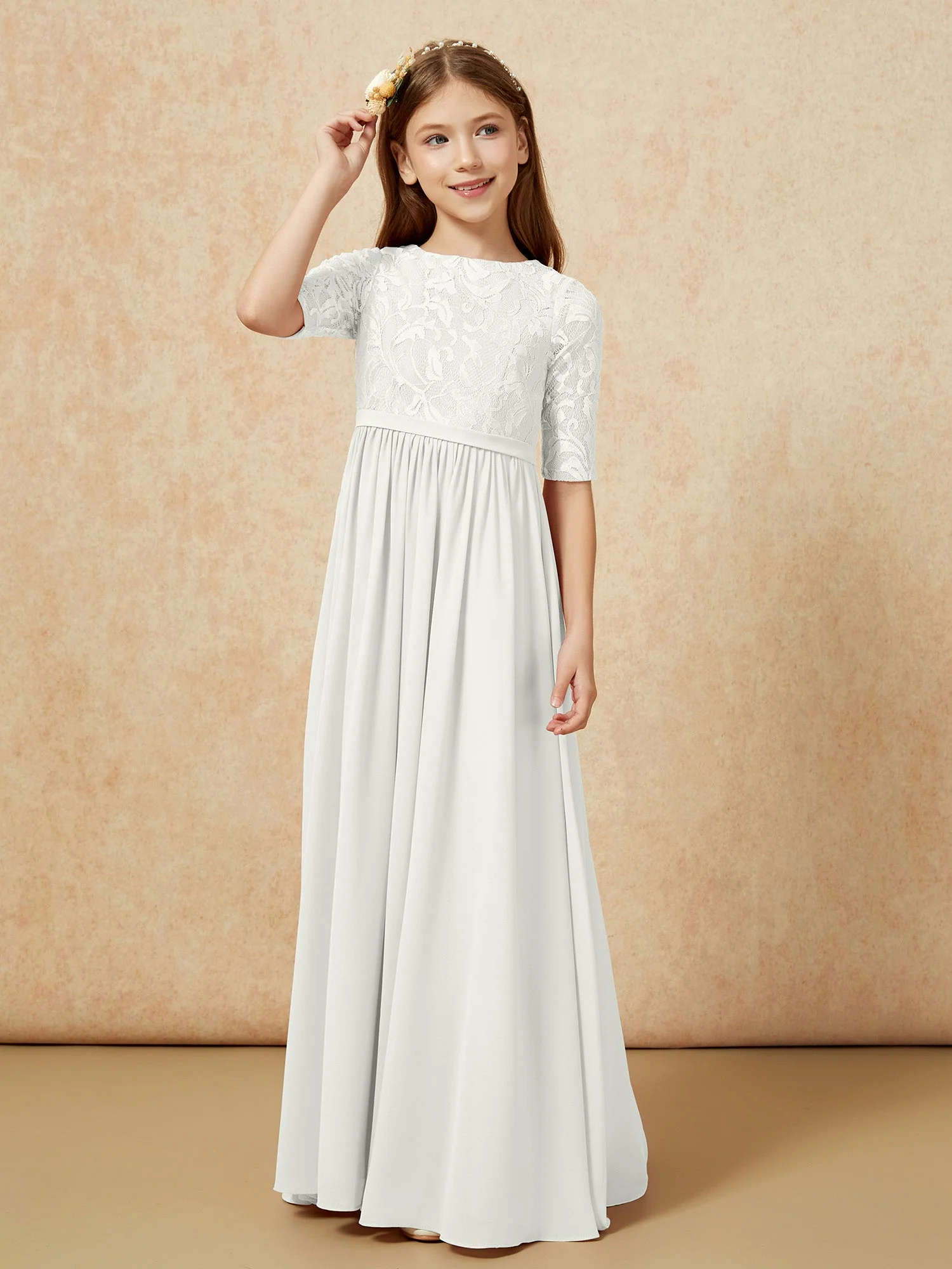 Halbarm Spitzen Oberteil Chiffon Junge Brautjungfernkleider Elfenbein - Image 5