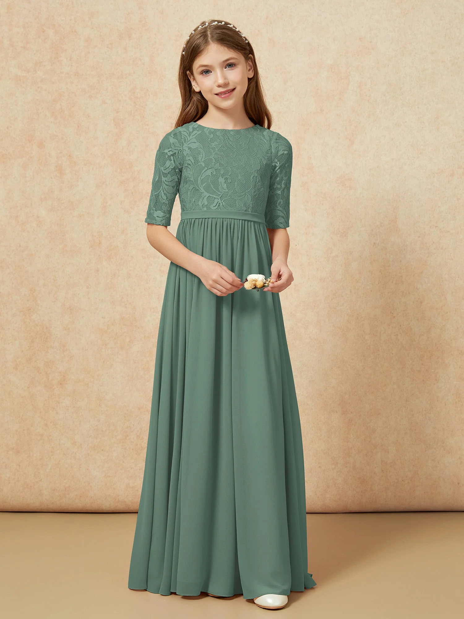 Halbarm Spitzen Oberteil Chiffon Junge Brautjungfernkleider Eukalyptus - Image 4