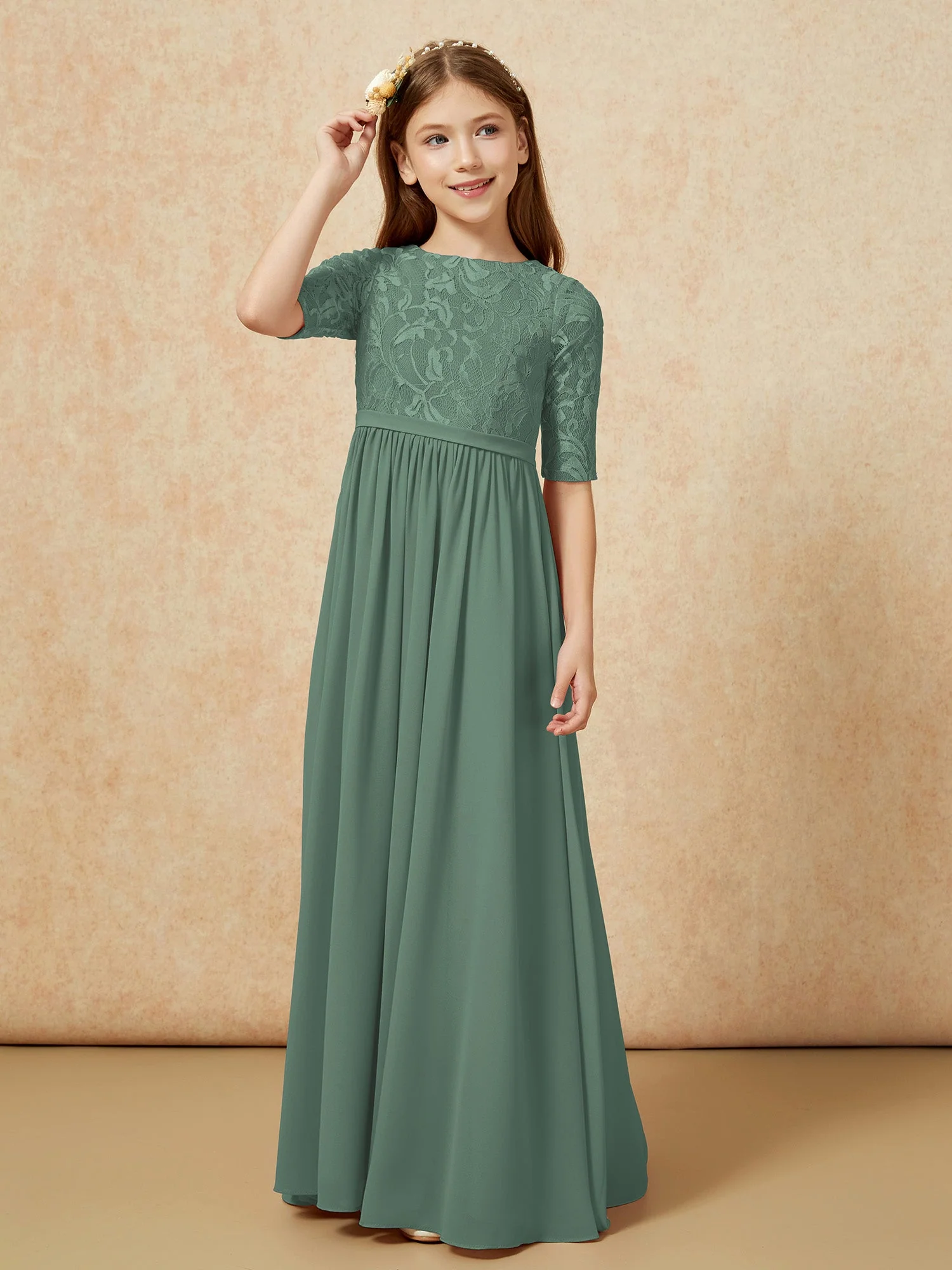 Halbarm Spitzen Oberteil Chiffon Junge Brautjungfernkleider Eukalyptus - Image 5
