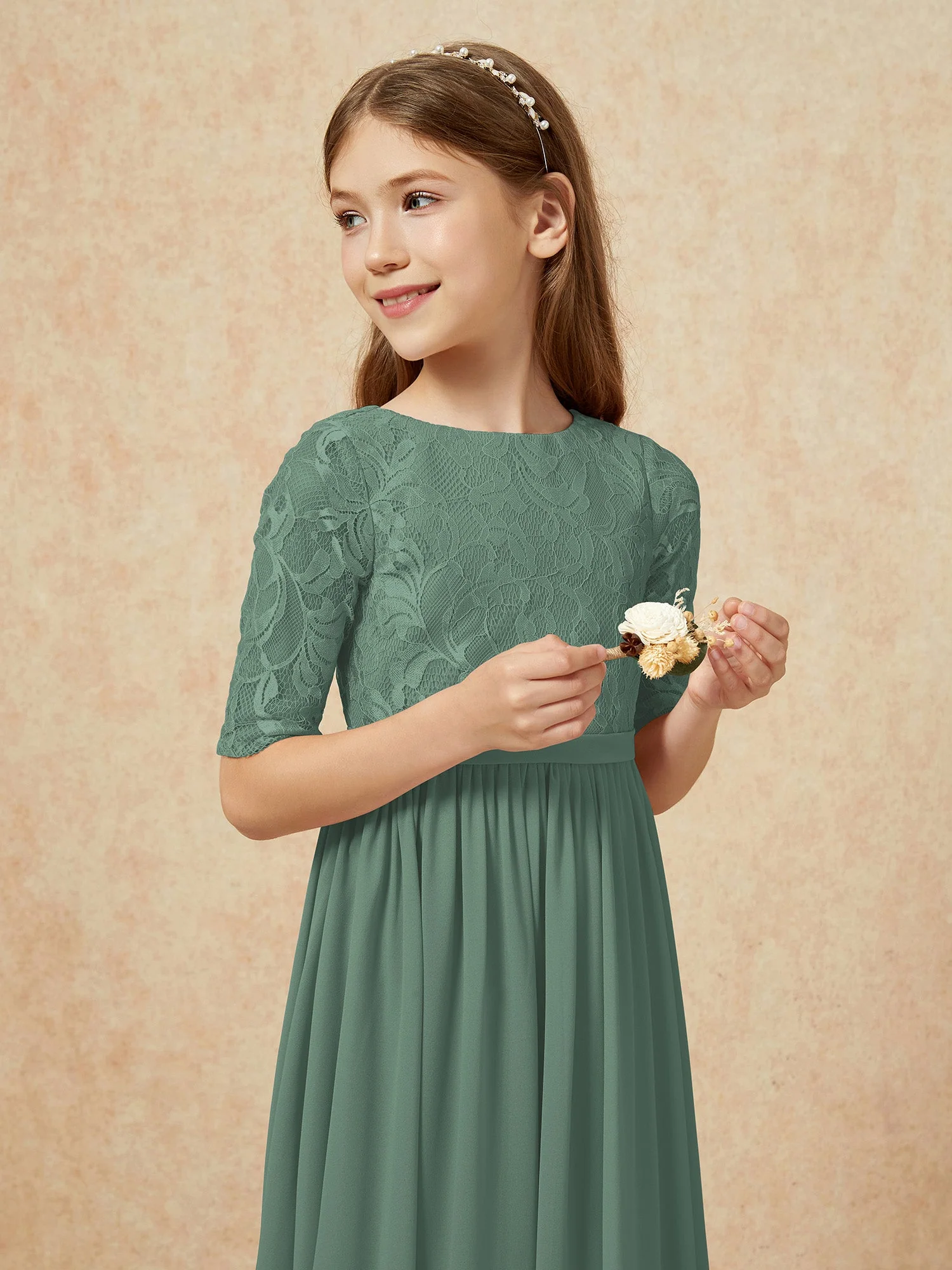 Halbarm Spitzen Oberteil Chiffon Junge Brautjungfernkleider Eukalyptus - Image 6