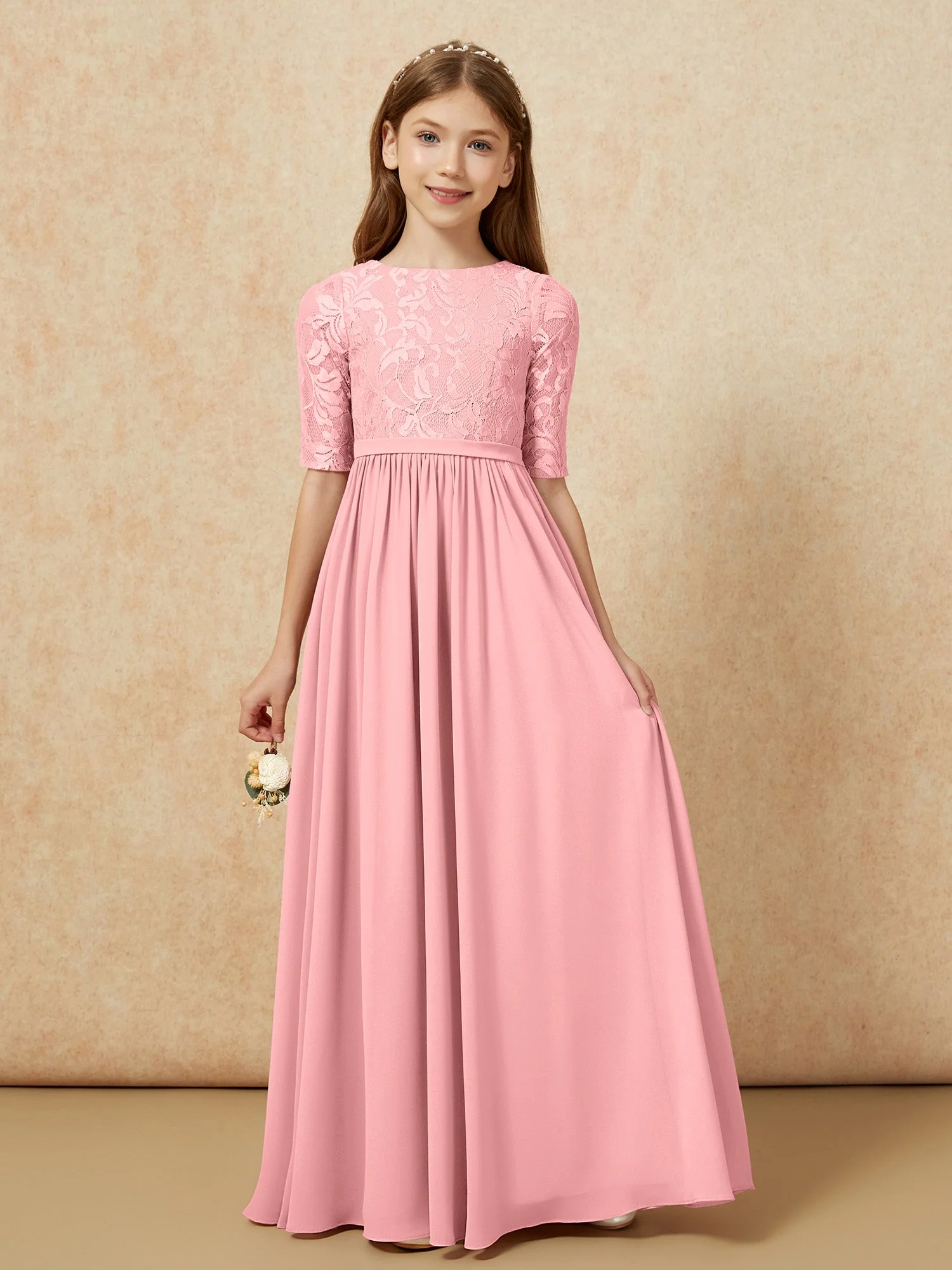 Halbarm Spitzen Oberteil Chiffon Junge Brautjungfernkleider Flamingo