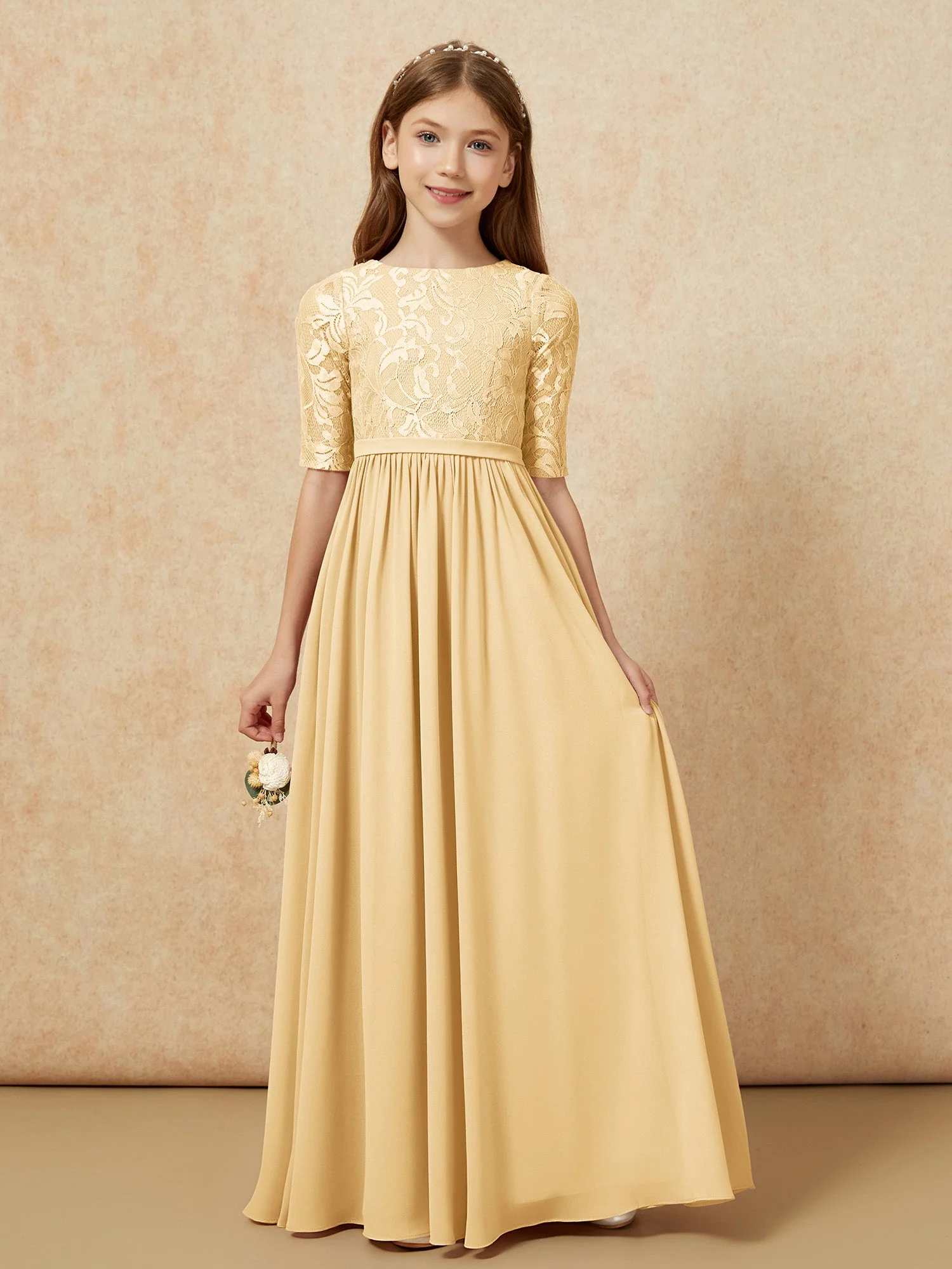 Halbarm Spitzen Oberteil Chiffon Junge Brautjungfernkleider Gold