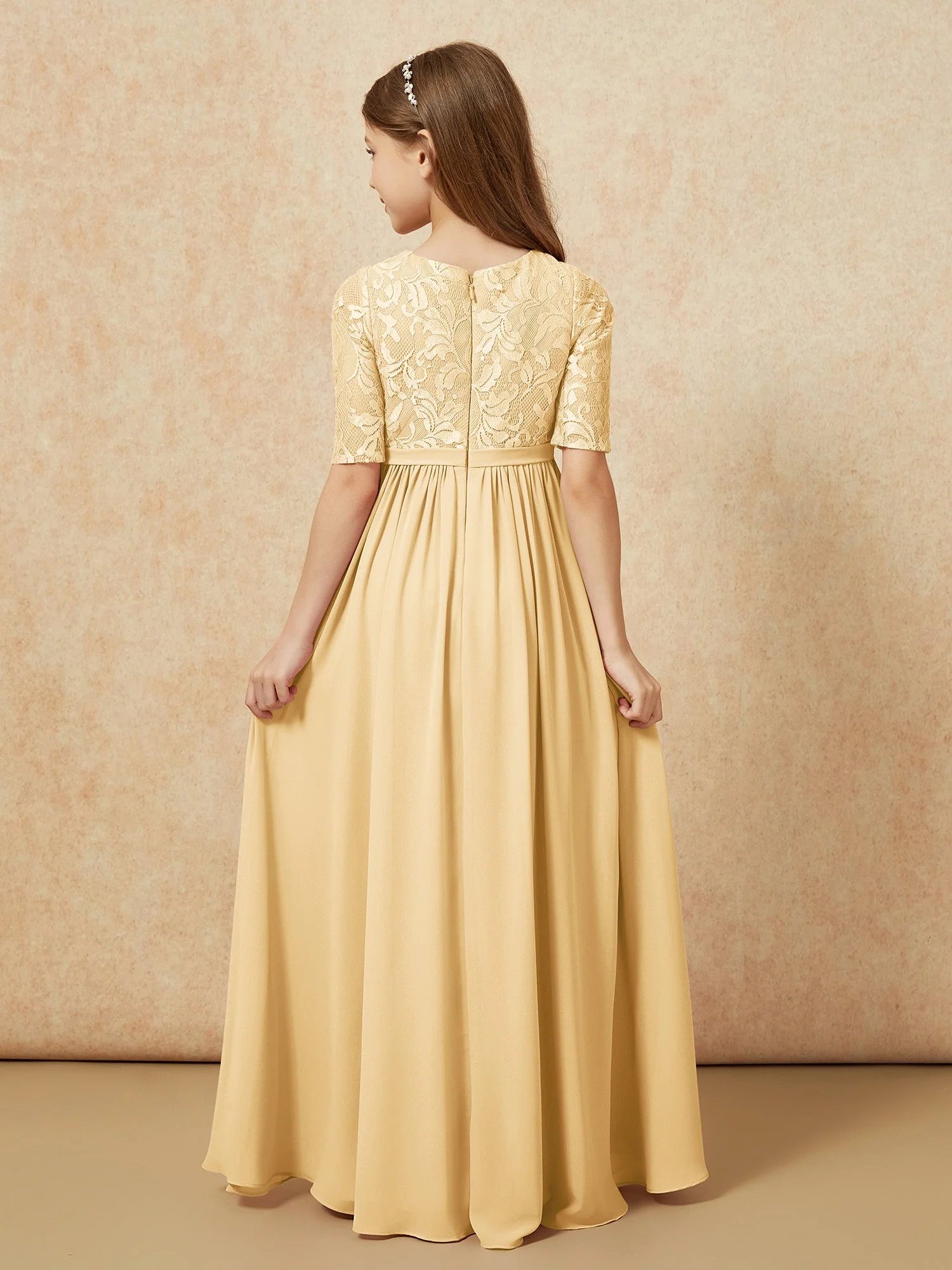 Halbarm Spitzen Oberteil Chiffon Junge Brautjungfernkleider Gold - Image 2