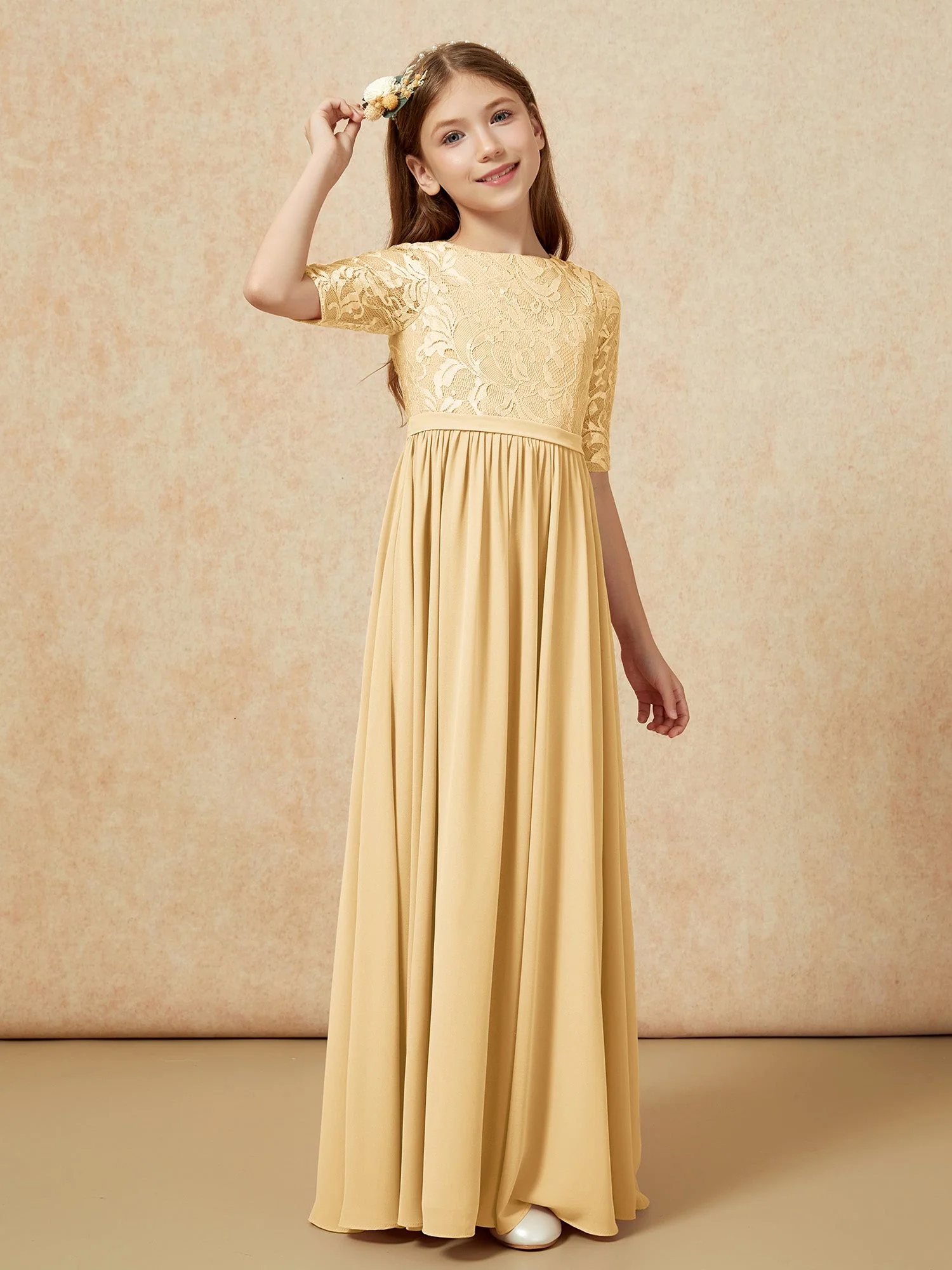 Halbarm Spitzen Oberteil Chiffon Junge Brautjungfernkleider Gold - Image 3