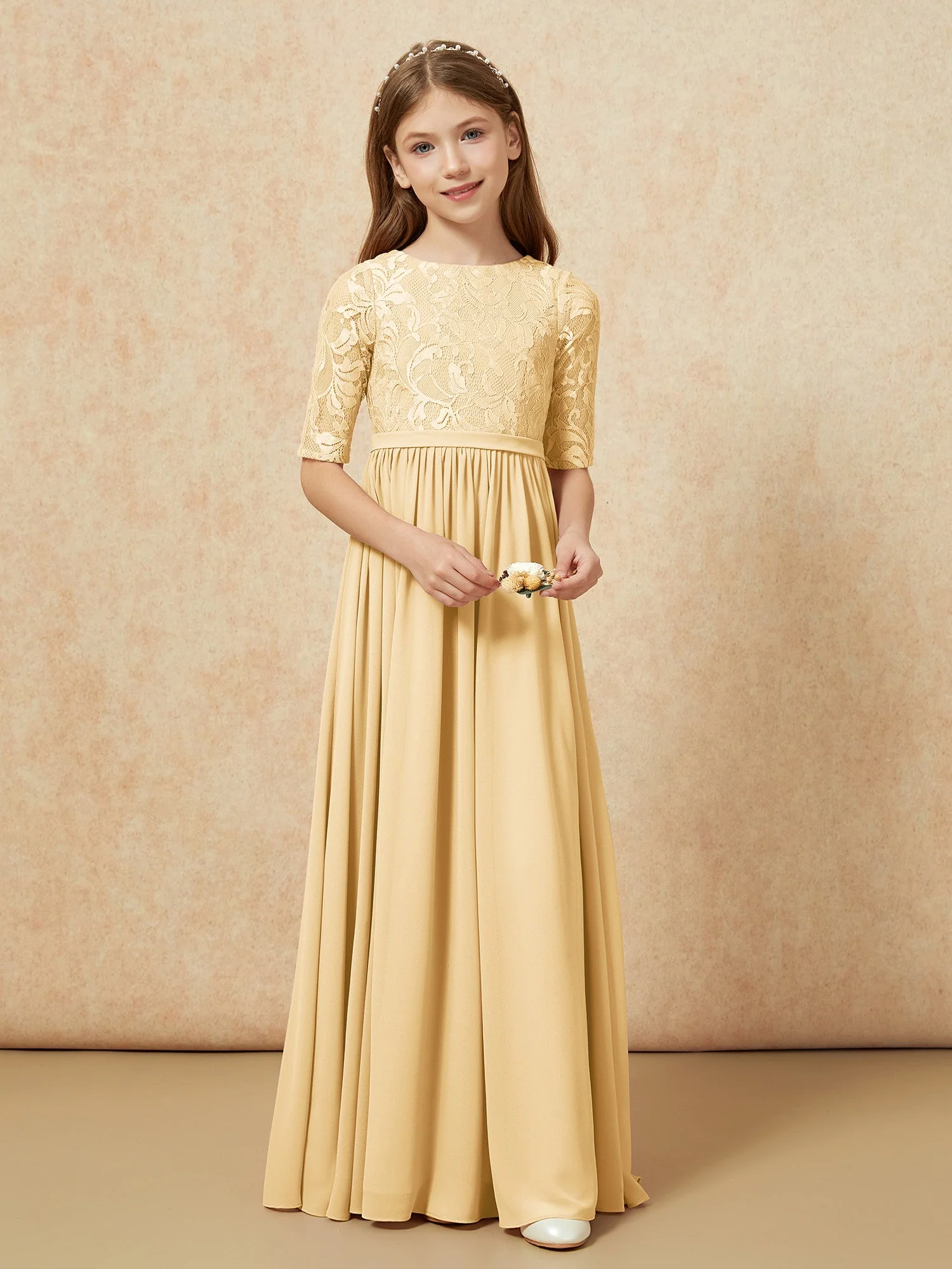 Halbarm Spitzen Oberteil Chiffon Junge Brautjungfernkleider Gold - Image 4