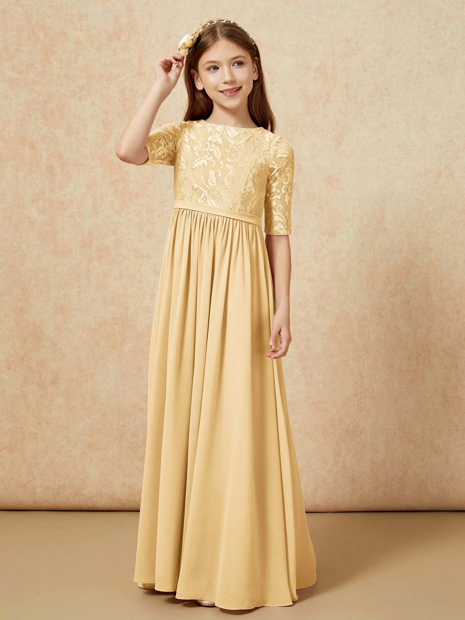 Halbarm Spitzen Oberteil Chiffon Junge Brautjungfernkleider Gold - Image 5