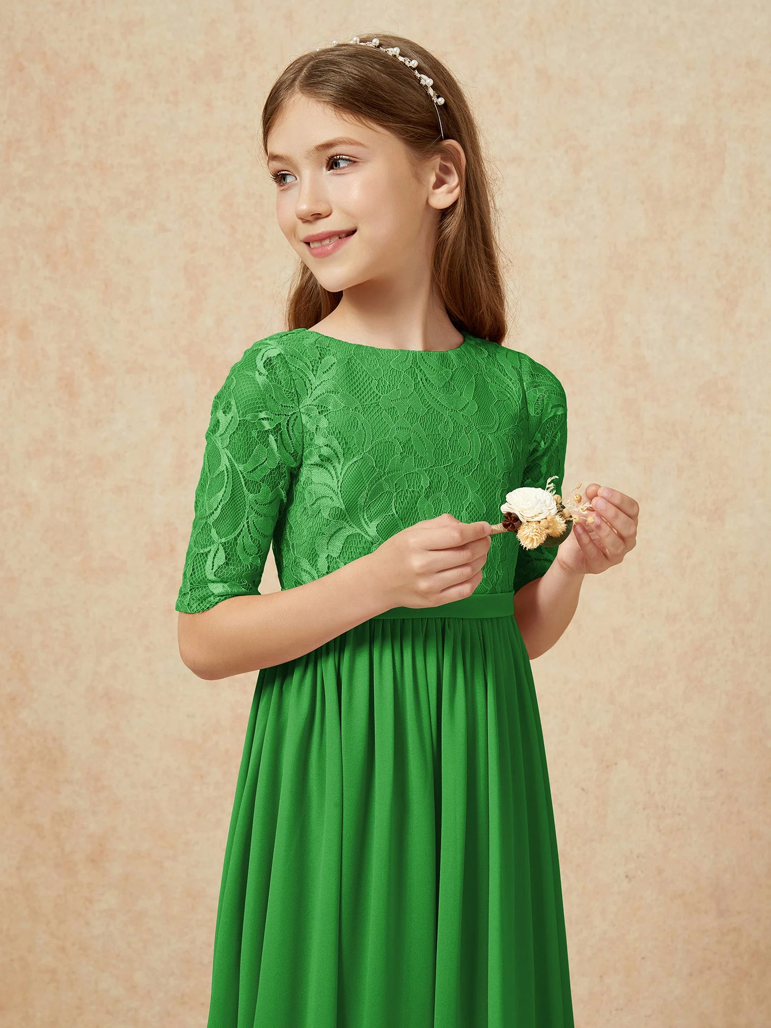 Halbarm Spitzen Oberteil Chiffon Junge Brautjungfernkleider Grün - Image 6