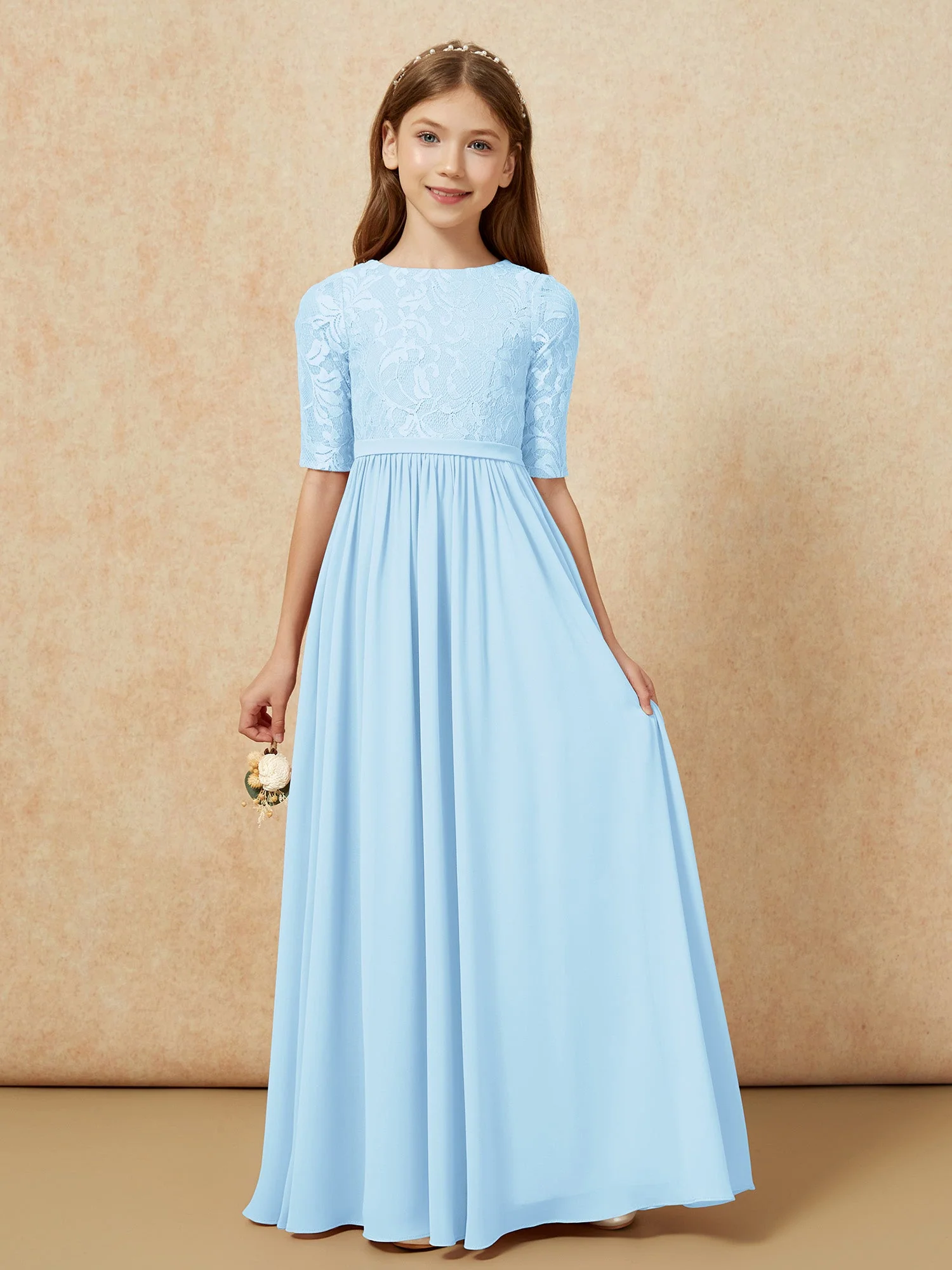 Halbarm Spitzen Oberteil Chiffon Junge Brautjungfernkleider Himmelblau