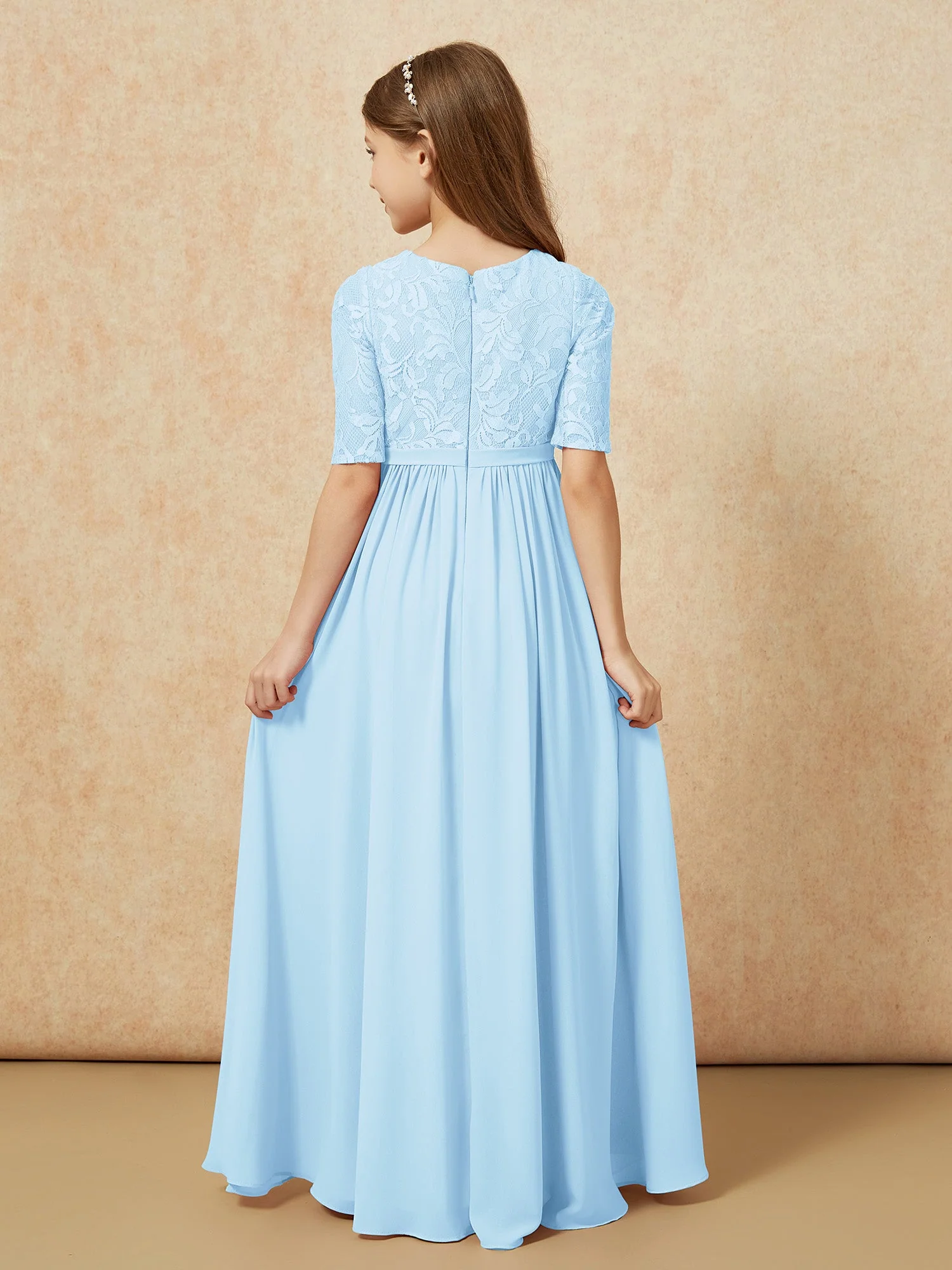 Halbarm Spitzen Oberteil Chiffon Junge Brautjungfernkleider Himmelblau - Image 2