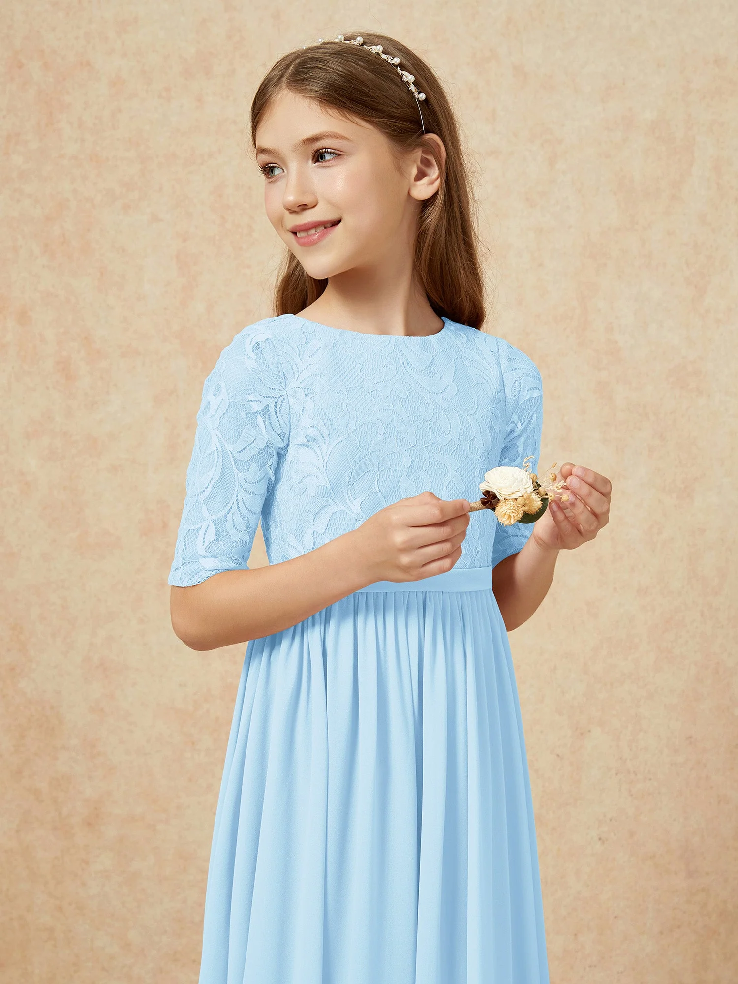 Halbarm Spitzen Oberteil Chiffon Junge Brautjungfernkleider Himmelblau - Image 6