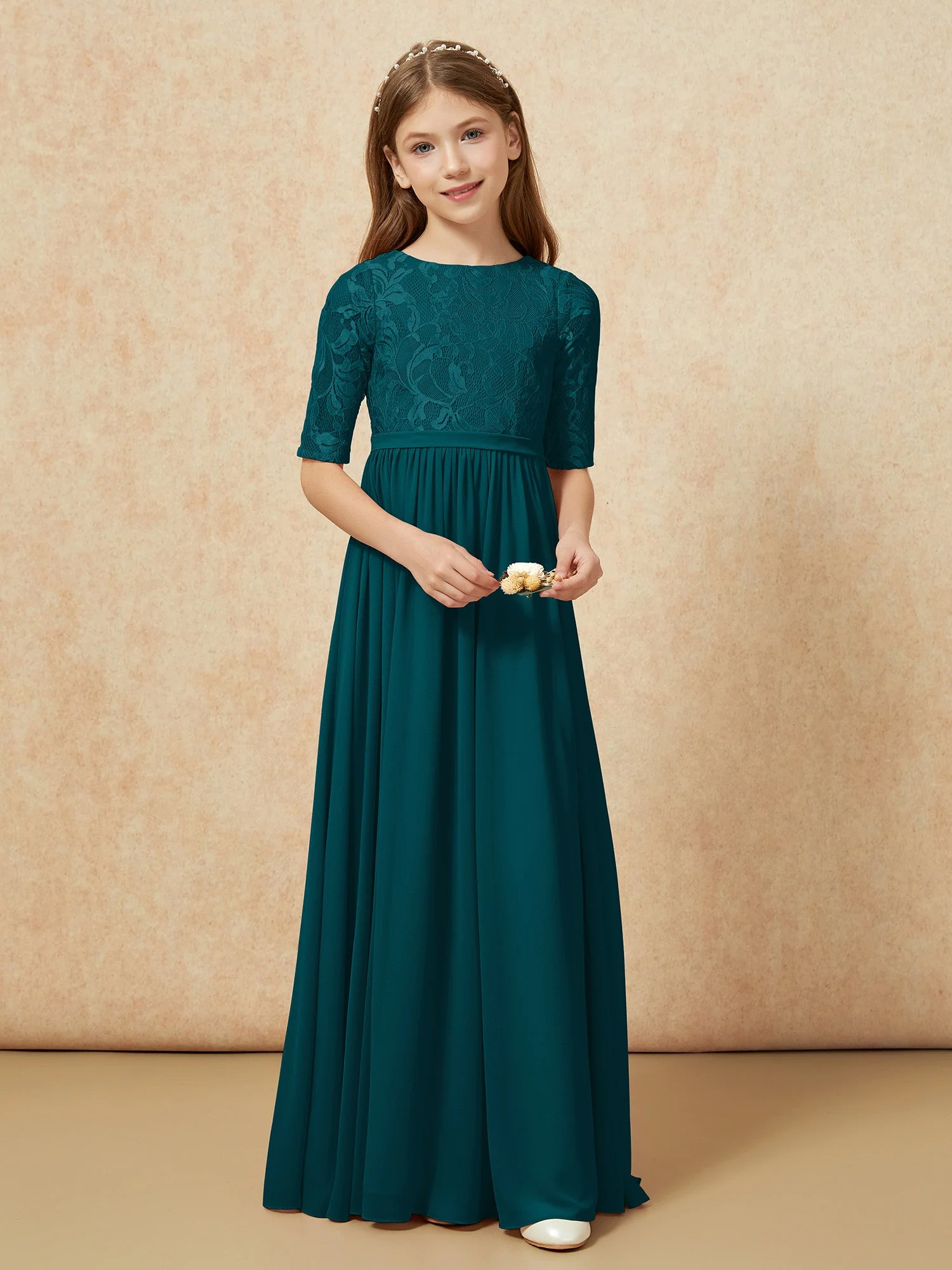 Halbarm Spitzen Oberteil Chiffon Junge Brautjungfernkleider Kieferngrün - Image 4