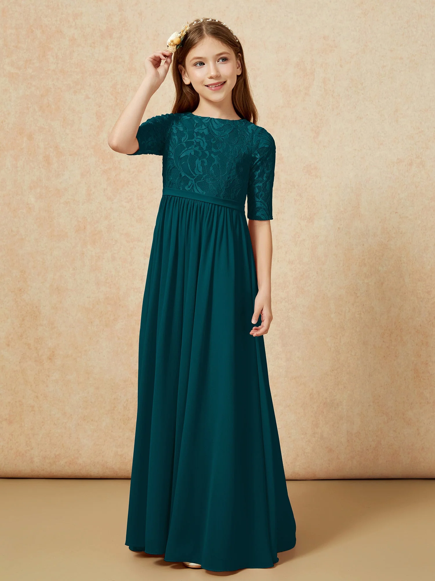 Halbarm Spitzen Oberteil Chiffon Junge Brautjungfernkleider Kieferngrün - Image 5