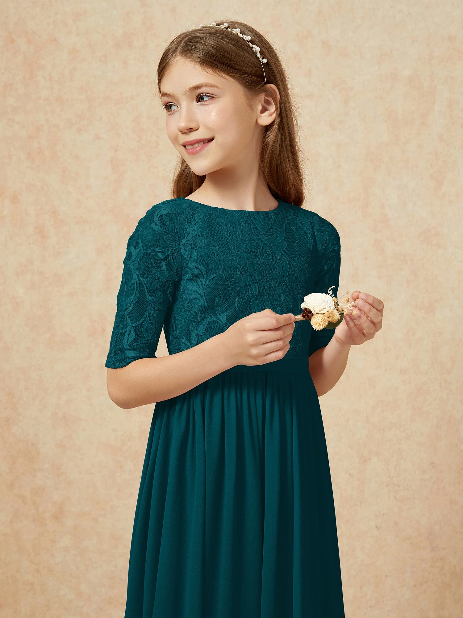 Halbarm Spitzen Oberteil Chiffon Junge Brautjungfernkleider Kieferngrün - Image 6