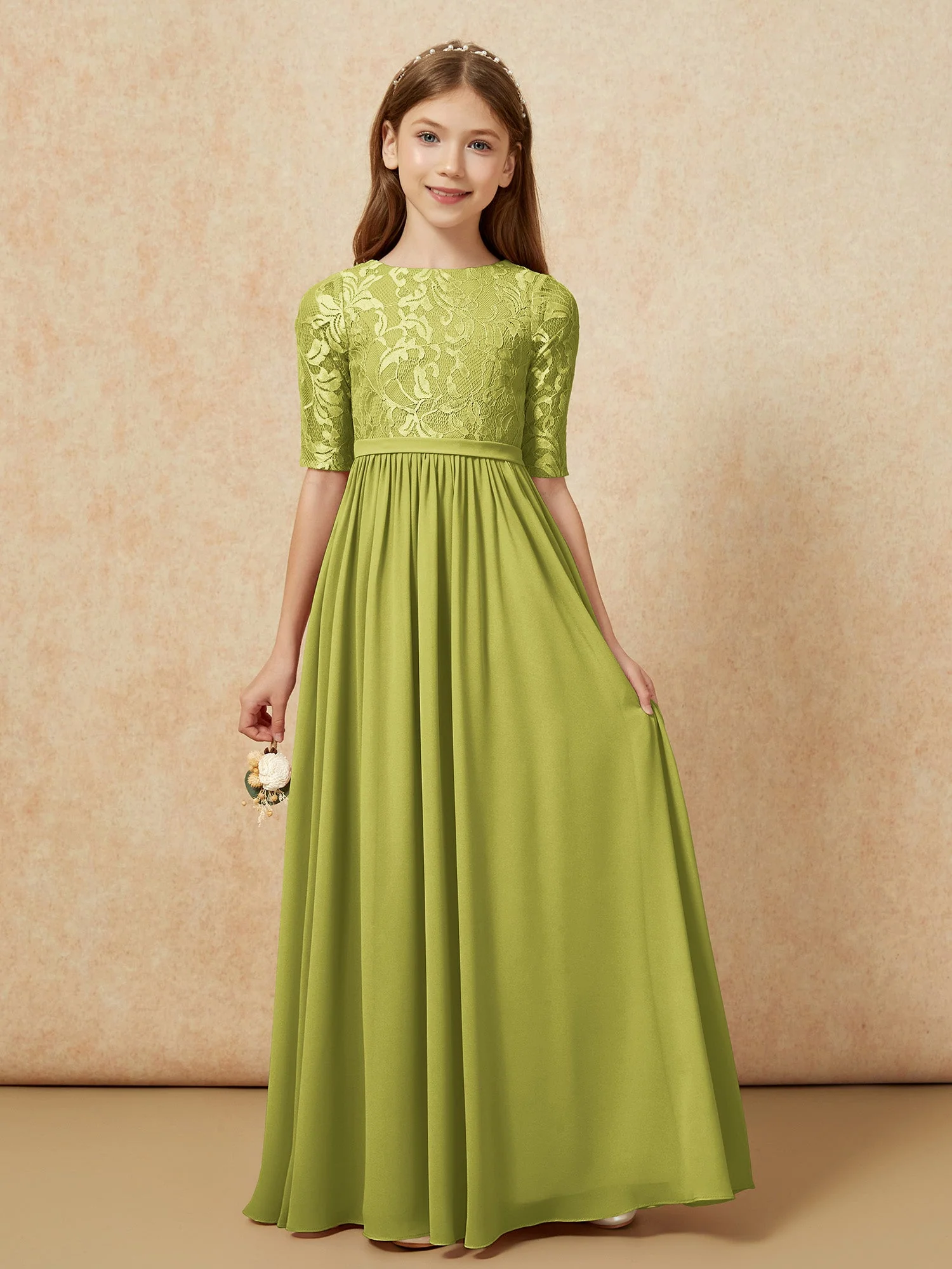 Halbarm Spitzen Oberteil Chiffon Junge Brautjungfernkleider Kleegrün
