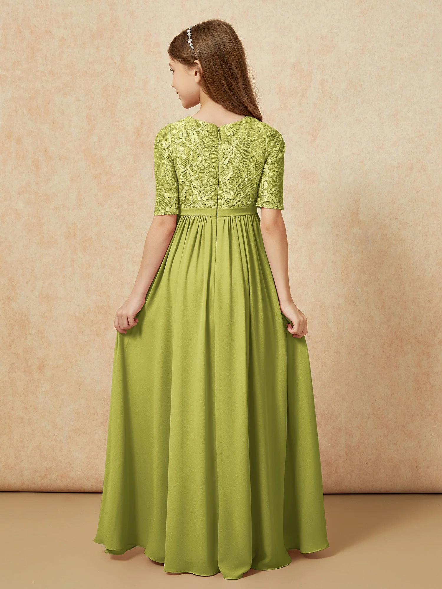 Halbarm Spitzen Oberteil Chiffon Junge Brautjungfernkleider Kleegrün - Image 2