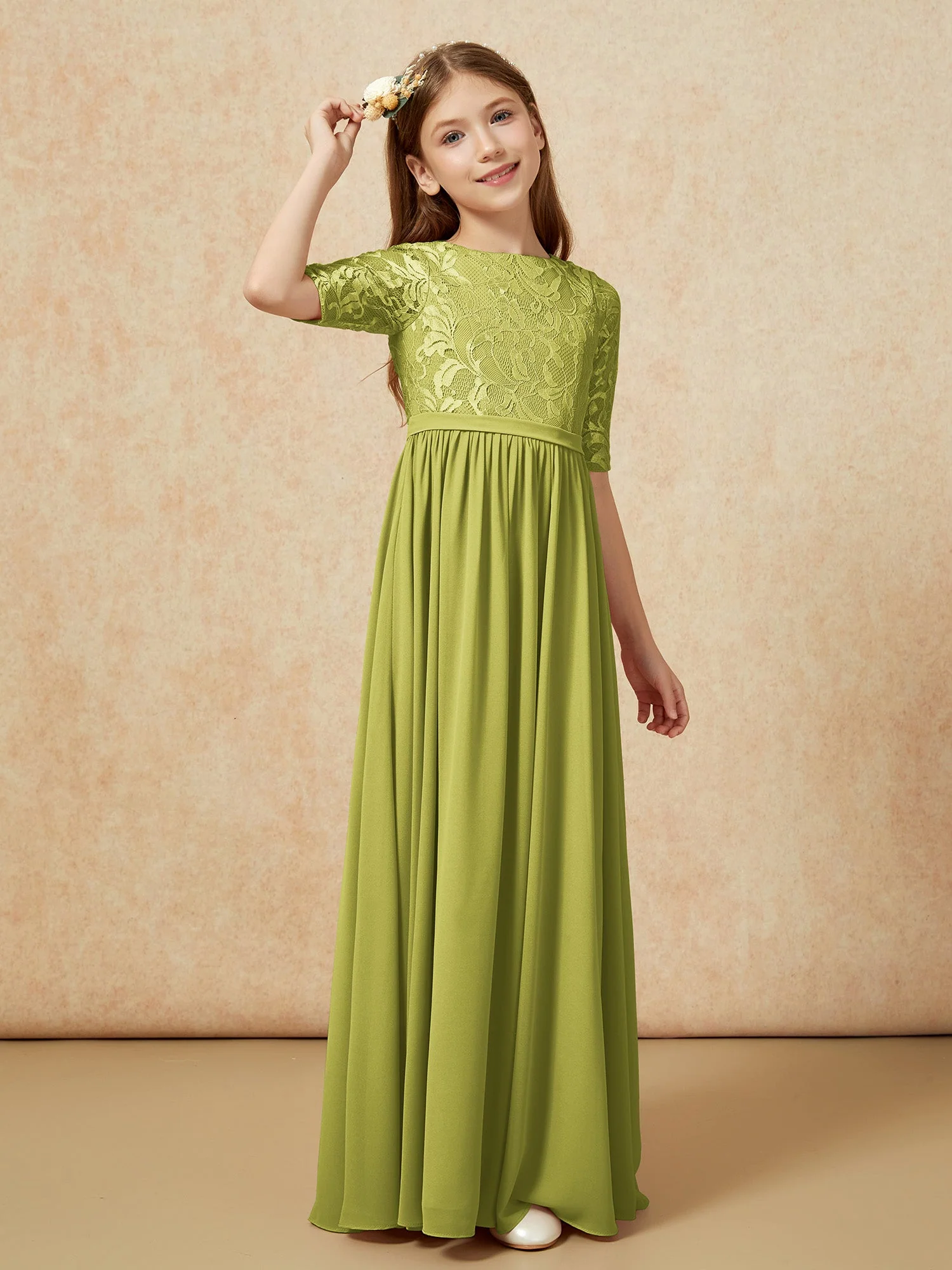 Halbarm Spitzen Oberteil Chiffon Junge Brautjungfernkleider Kleegrün - Image 3