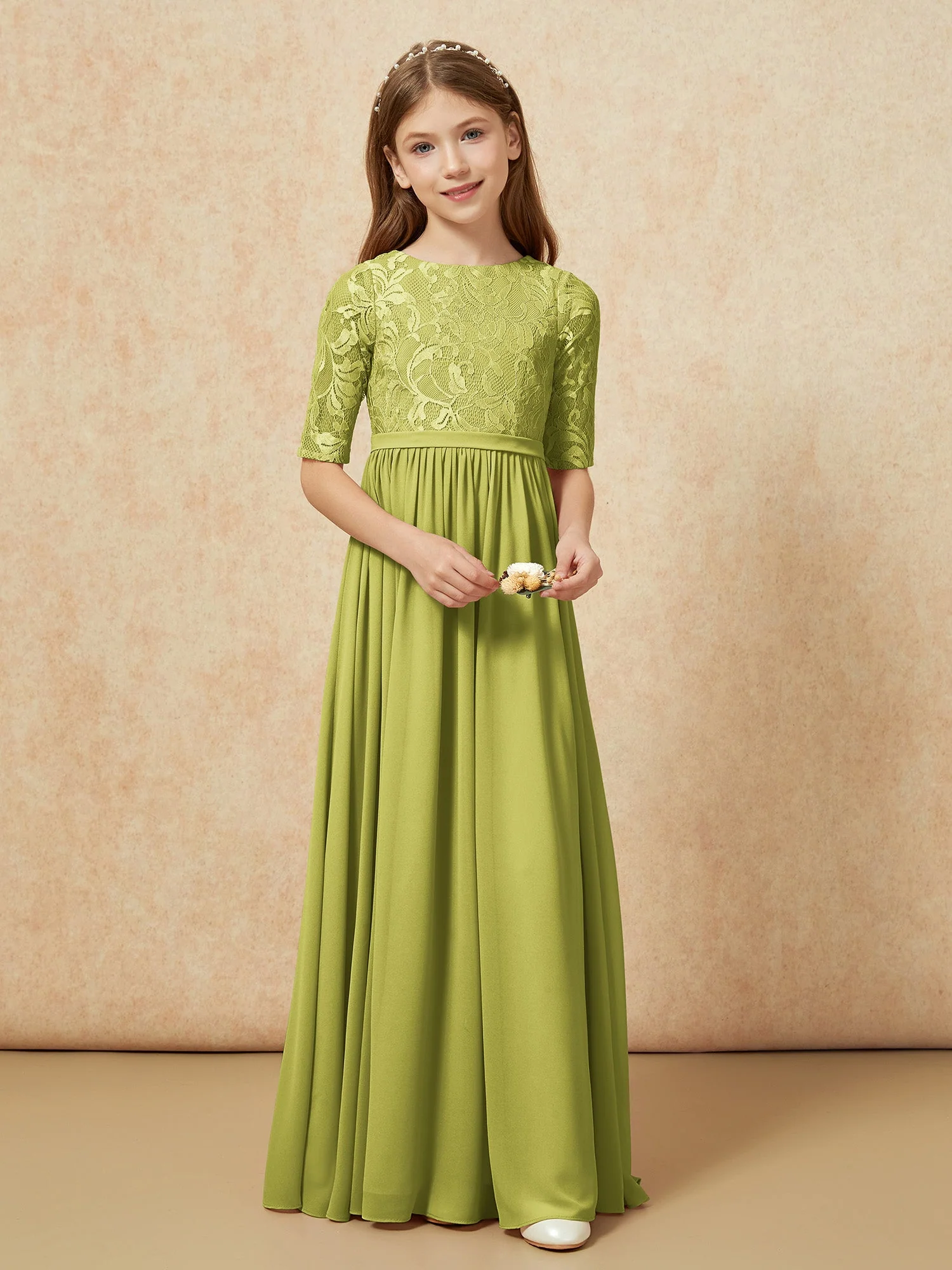 Halbarm Spitzen Oberteil Chiffon Junge Brautjungfernkleider Kleegrün - Image 4
