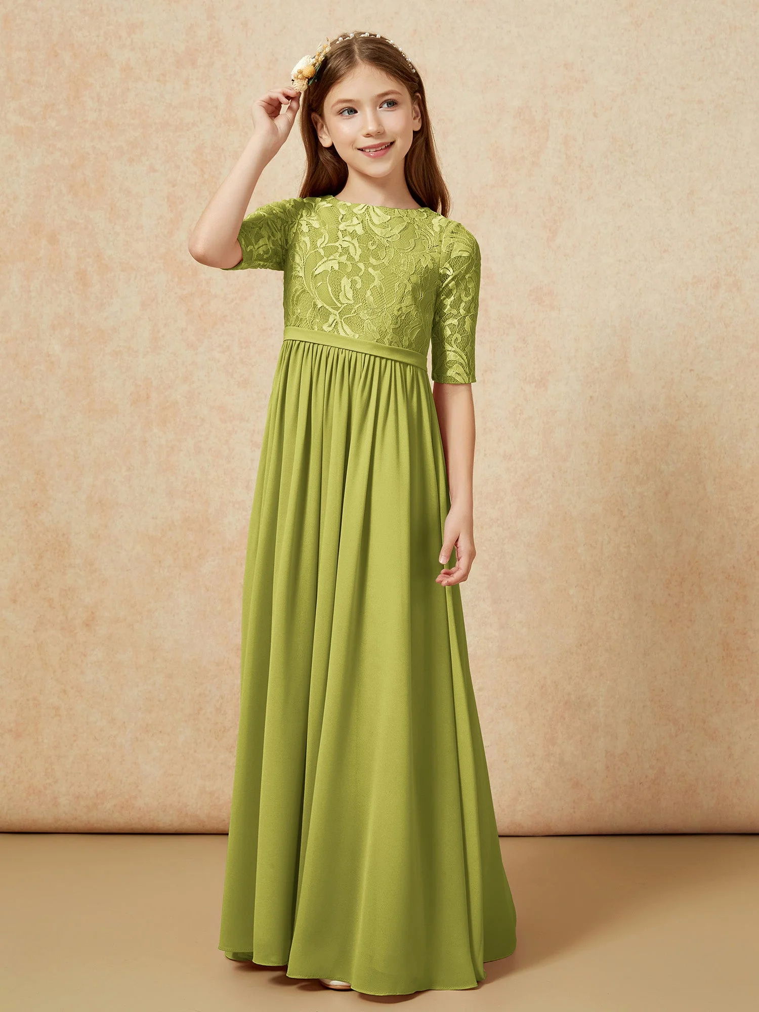Halbarm Spitzen Oberteil Chiffon Junge Brautjungfernkleider Kleegrün - Image 5