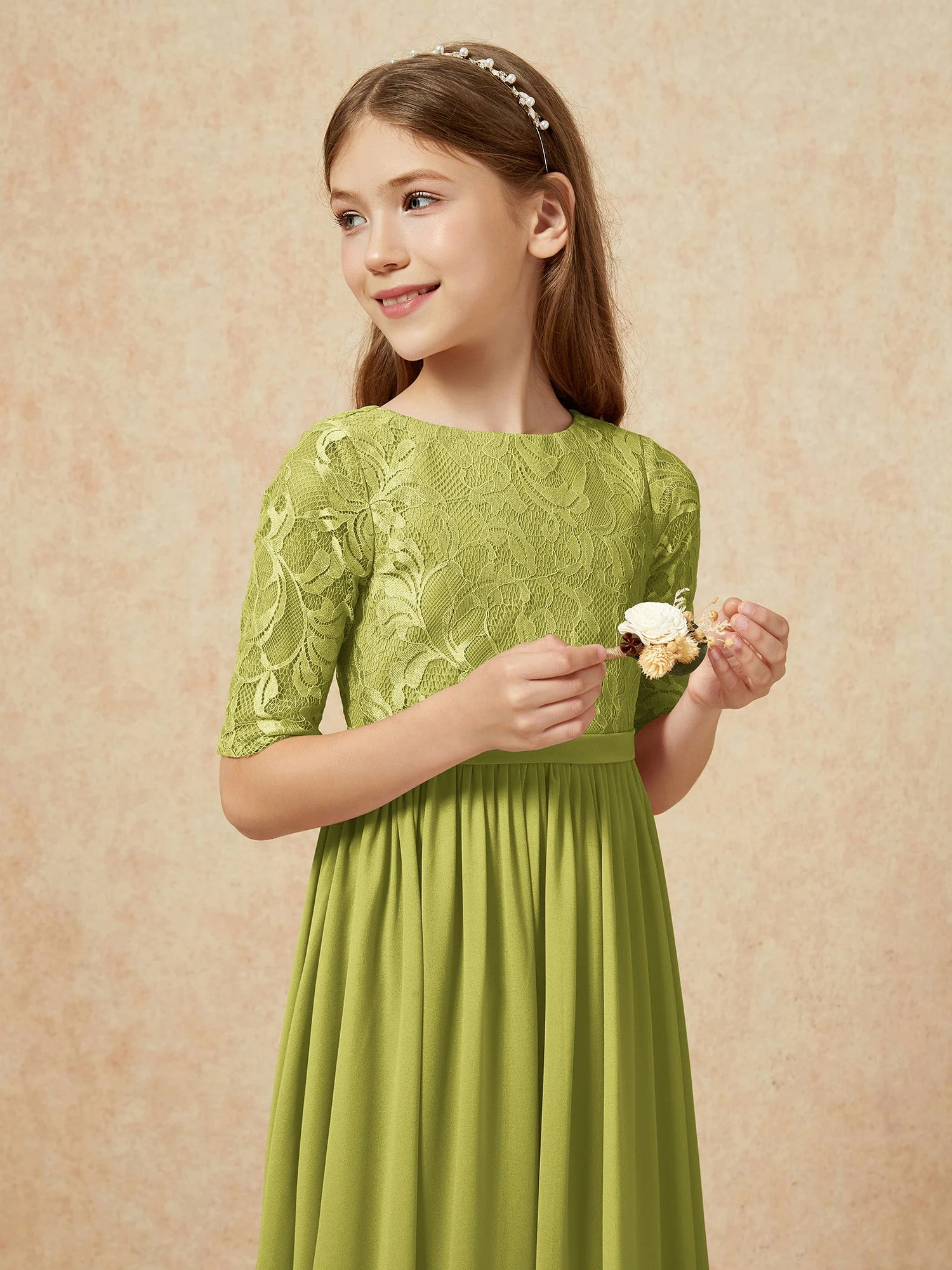 Halbarm Spitzen Oberteil Chiffon Junge Brautjungfernkleider Kleegrün - Image 6