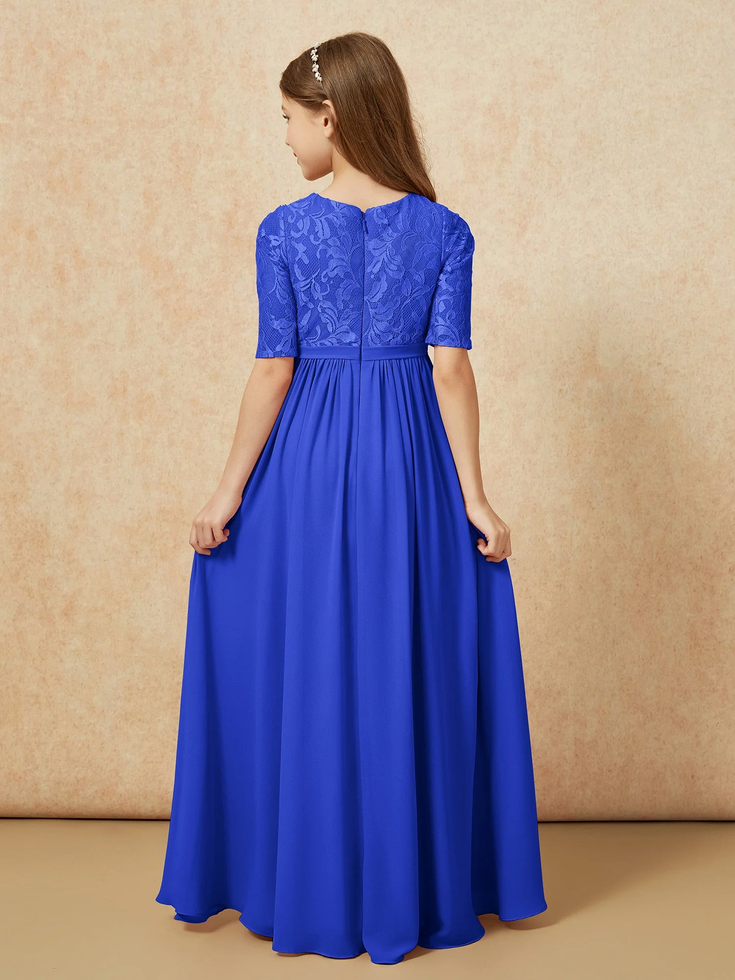 Halbarm Spitzen Oberteil Chiffon Junge Brautjungfernkleider Königsblau - Image 2