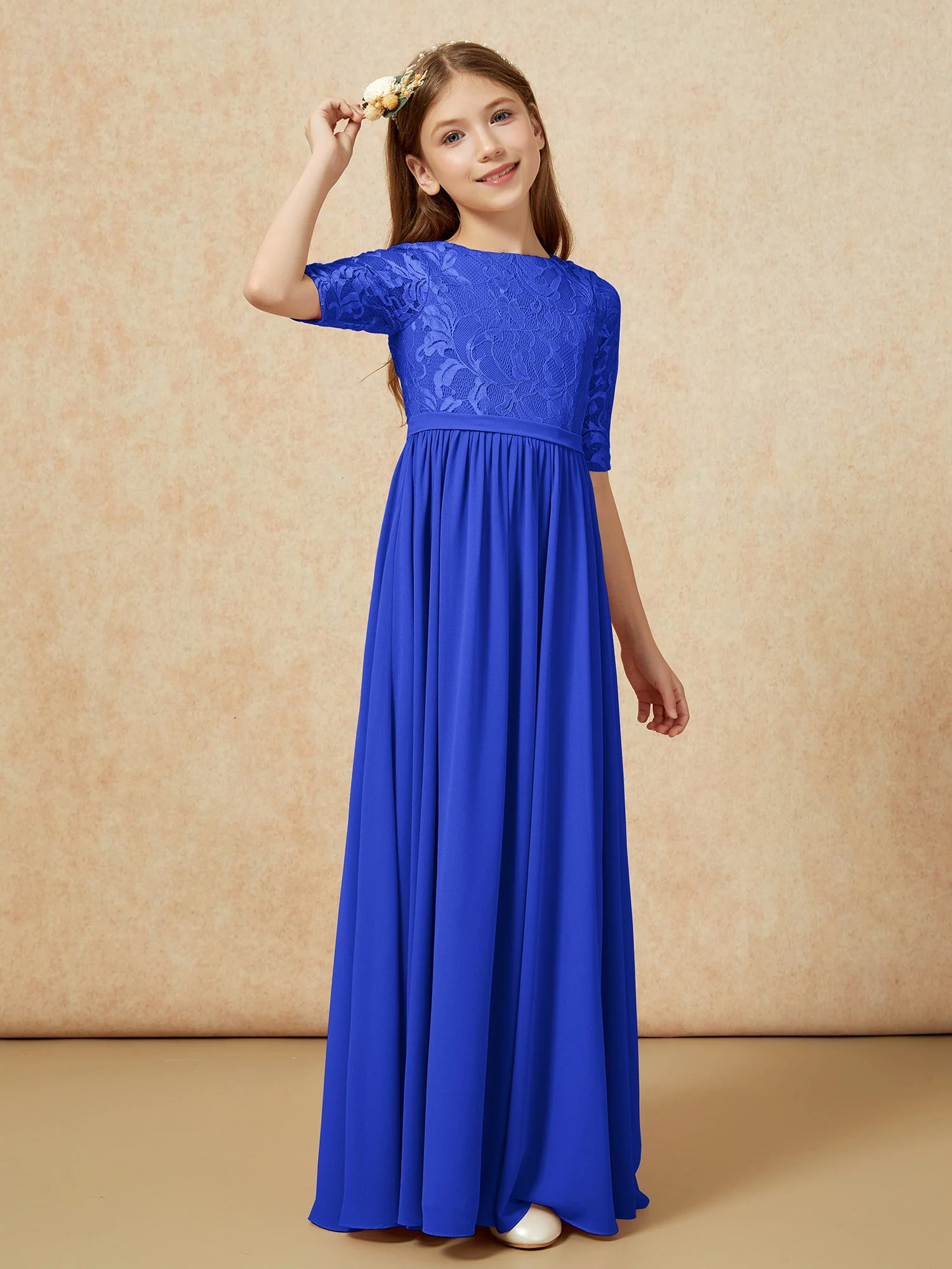 Halbarm Spitzen Oberteil Chiffon Junge Brautjungfernkleider Königsblau - Image 3