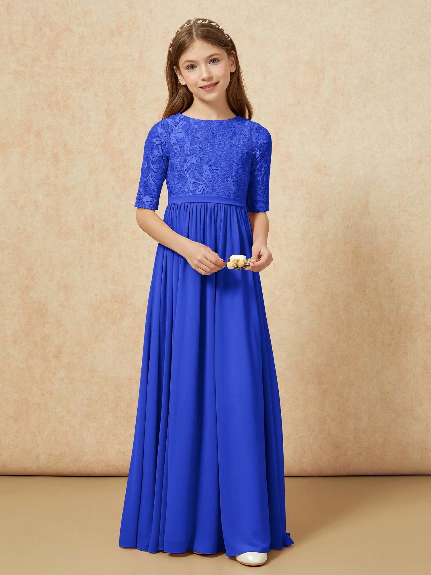 Halbarm Spitzen Oberteil Chiffon Junge Brautjungfernkleider Königsblau - Image 4