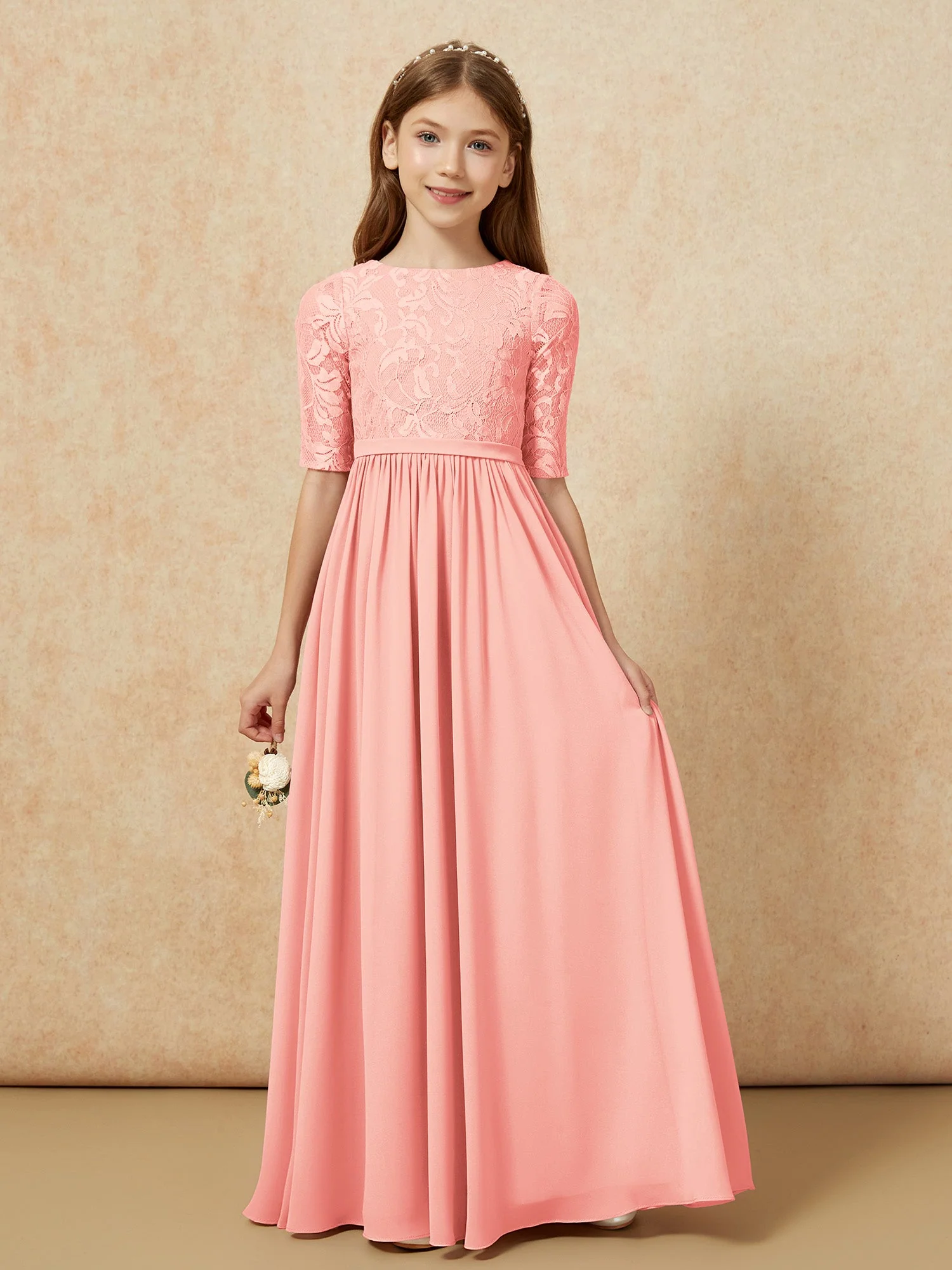 Halbarm Spitzen Oberteil Chiffon Junge Brautjungfernkleider Koralle