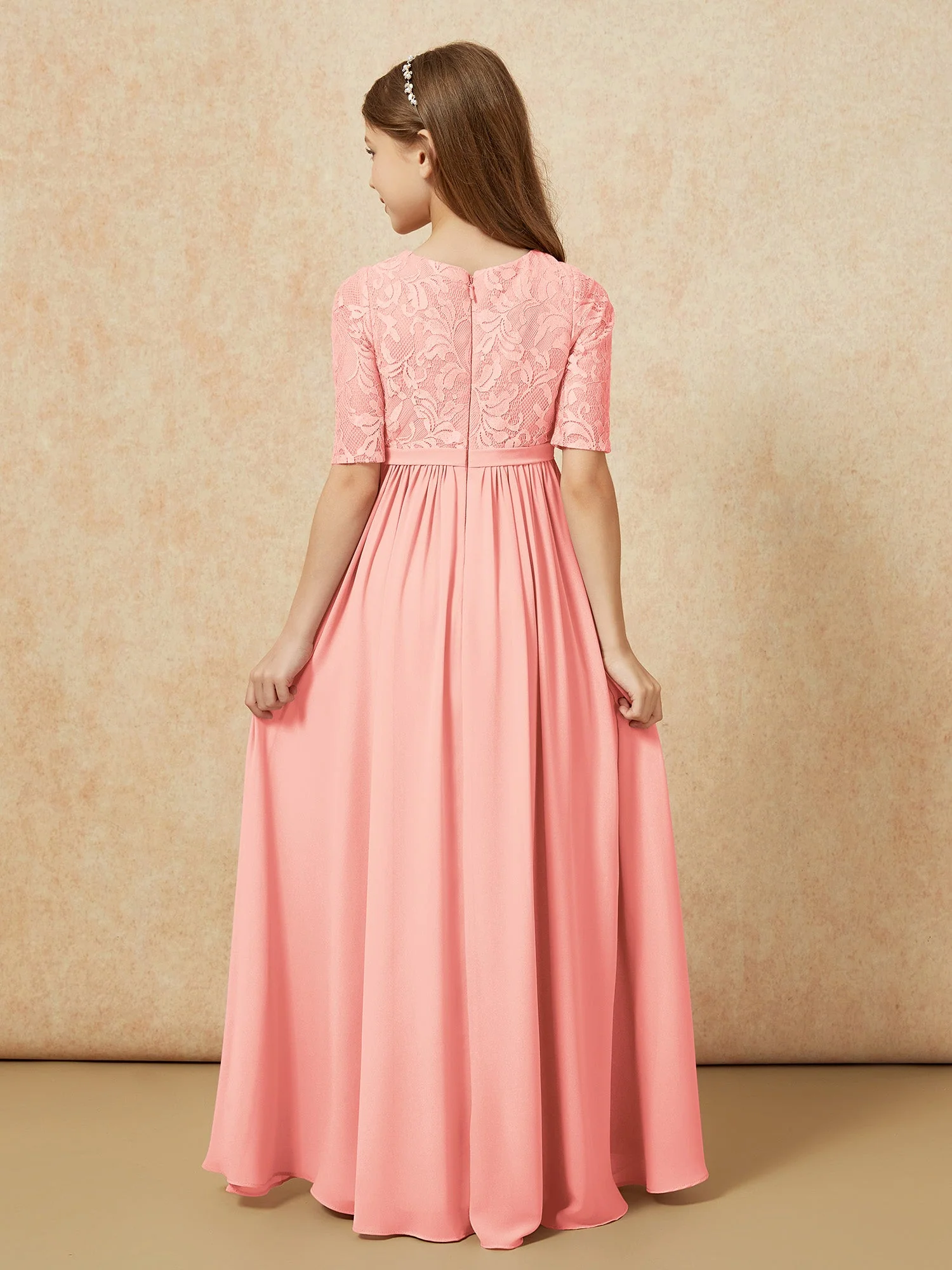 Halbarm Spitzen Oberteil Chiffon Junge Brautjungfernkleider Koralle - Image 2
