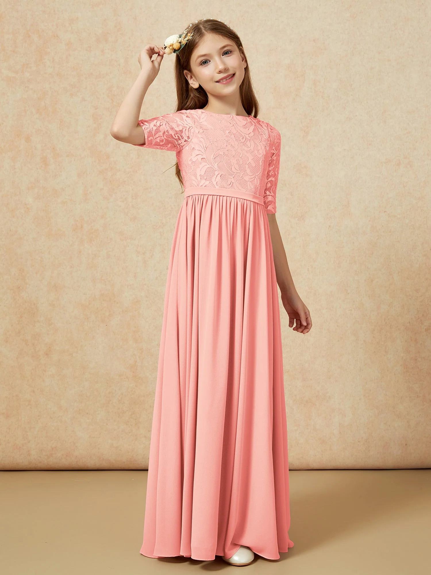 Halbarm Spitzen Oberteil Chiffon Junge Brautjungfernkleider Koralle - Image 3