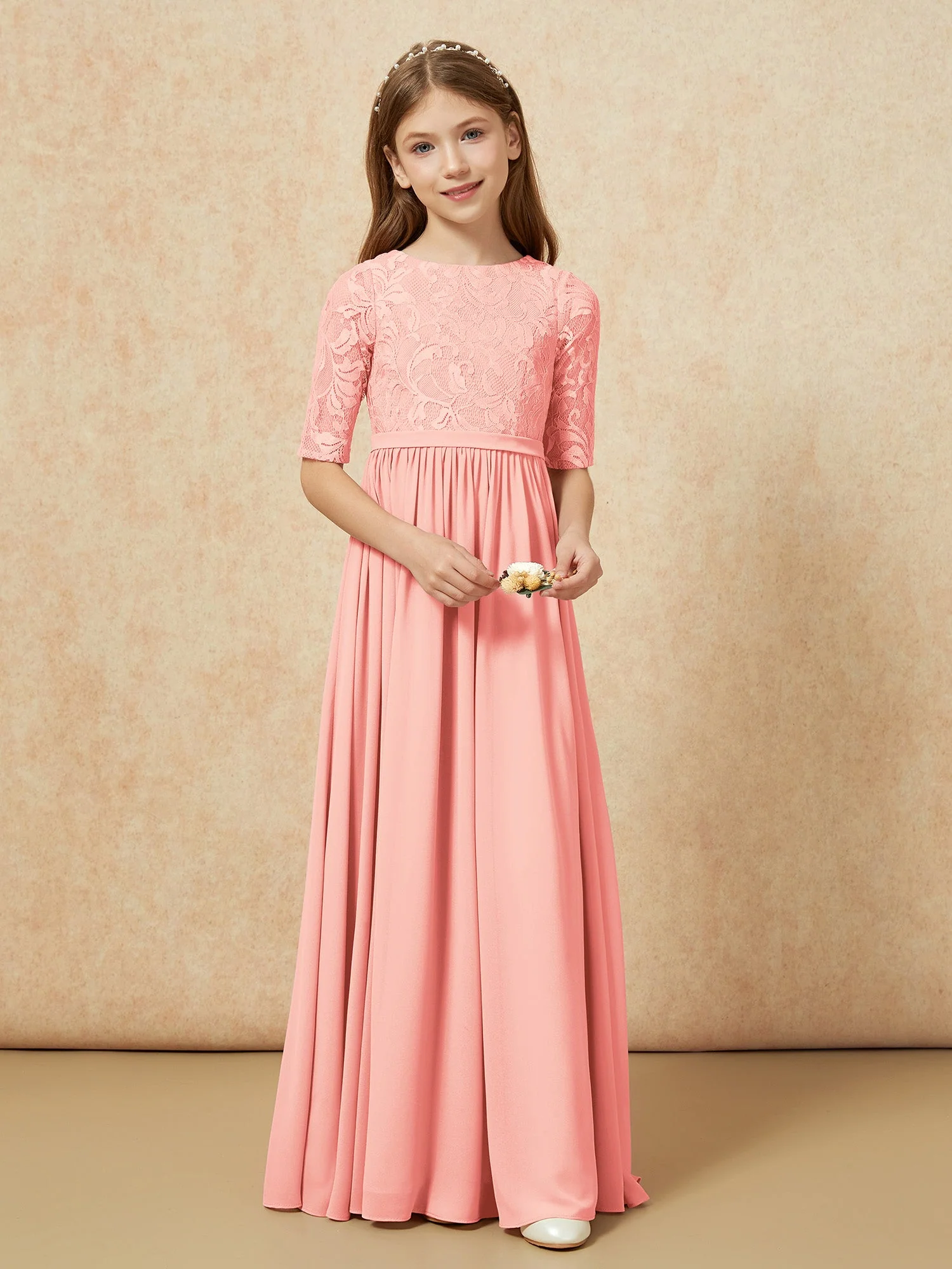 Halbarm Spitzen Oberteil Chiffon Junge Brautjungfernkleider Koralle - Image 4