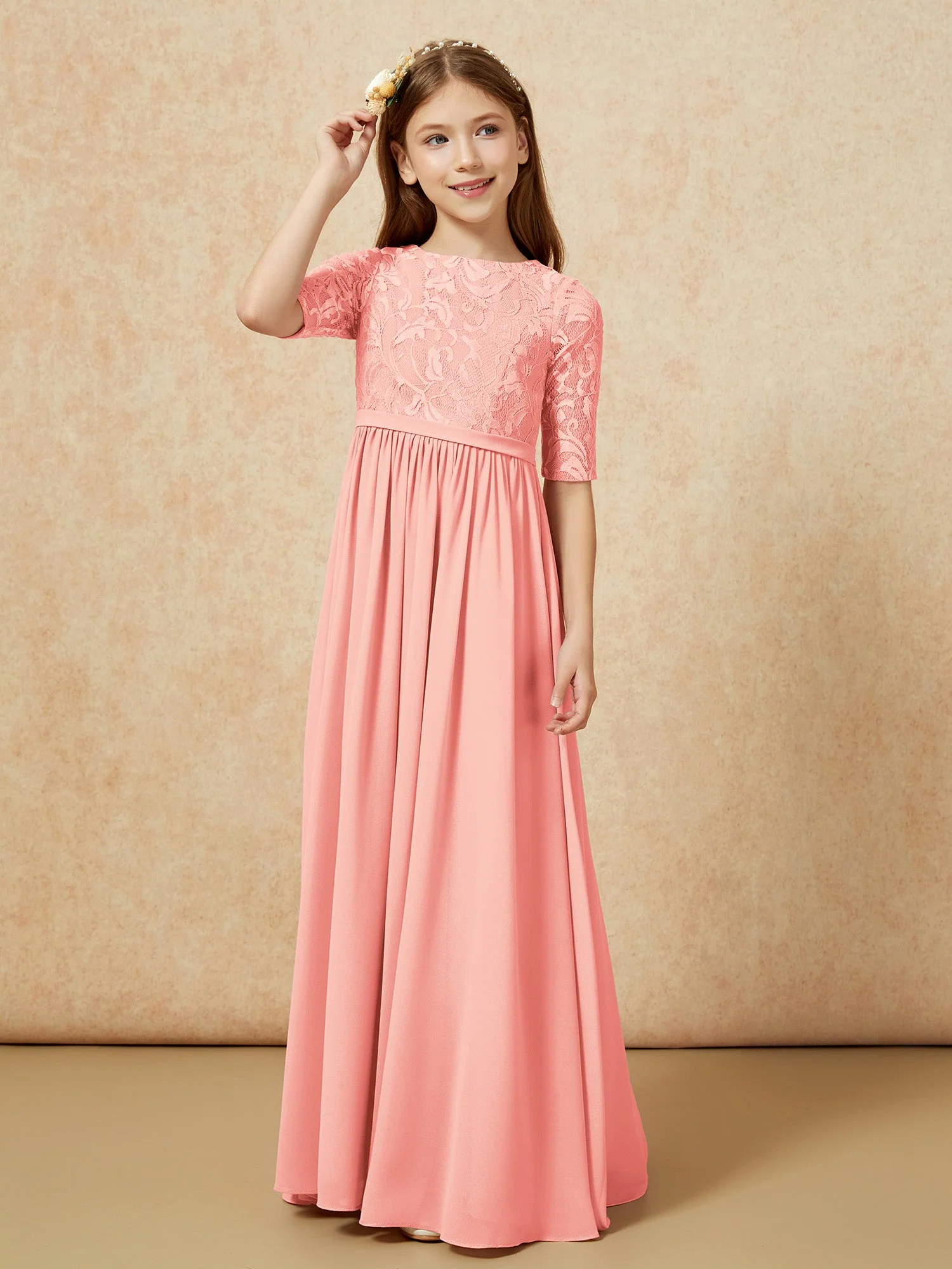 Halbarm Spitzen Oberteil Chiffon Junge Brautjungfernkleider Koralle - Image 5