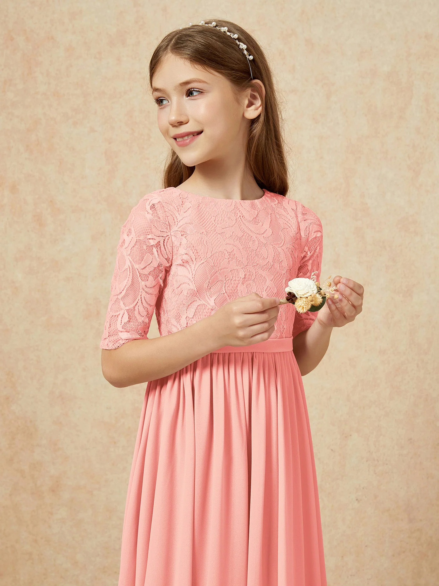 Halbarm Spitzen Oberteil Chiffon Junge Brautjungfernkleider Koralle - Image 6