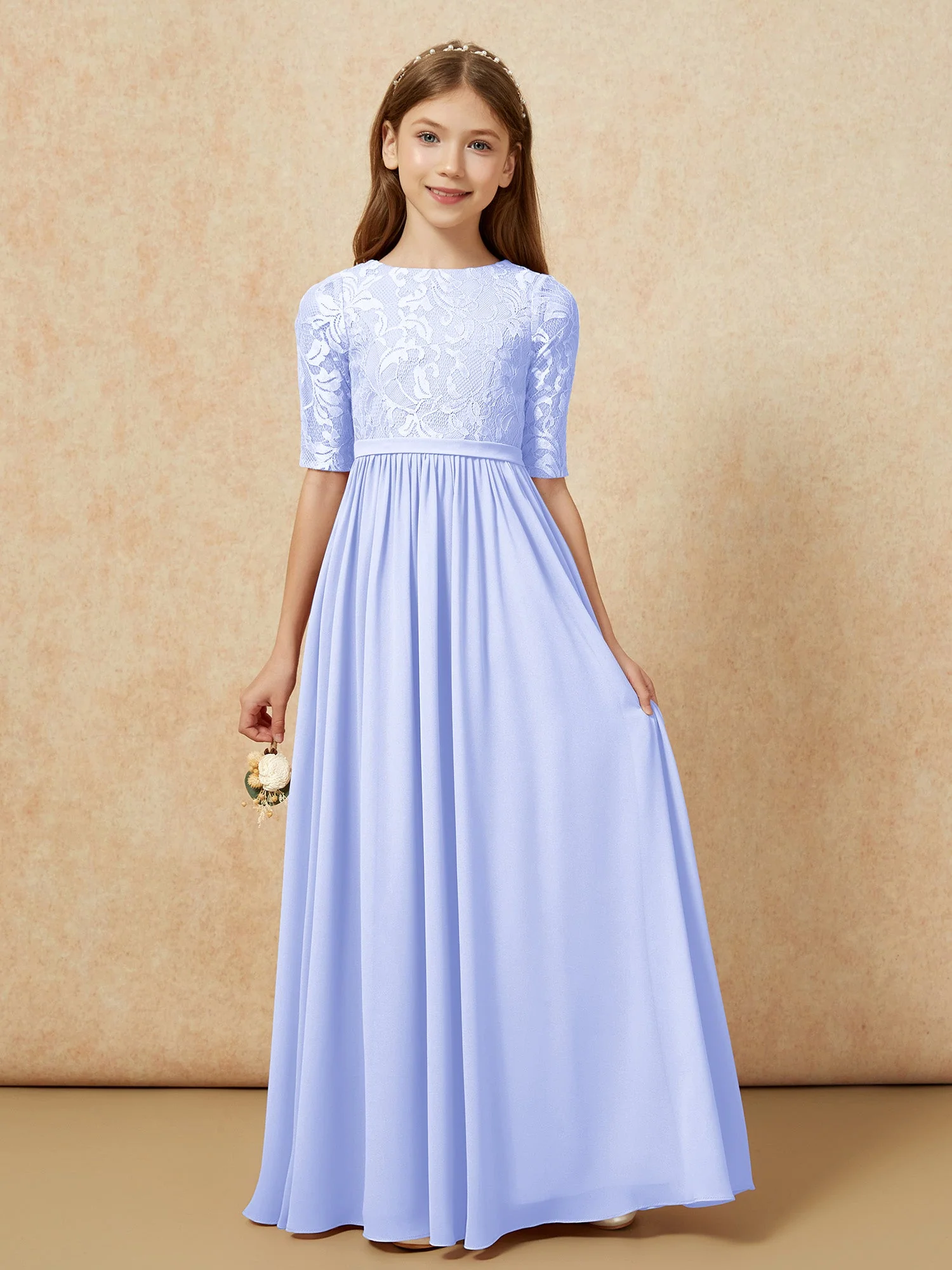 Halbarm Spitzen Oberteil Chiffon Junge Brautjungfernkleider Lavendel