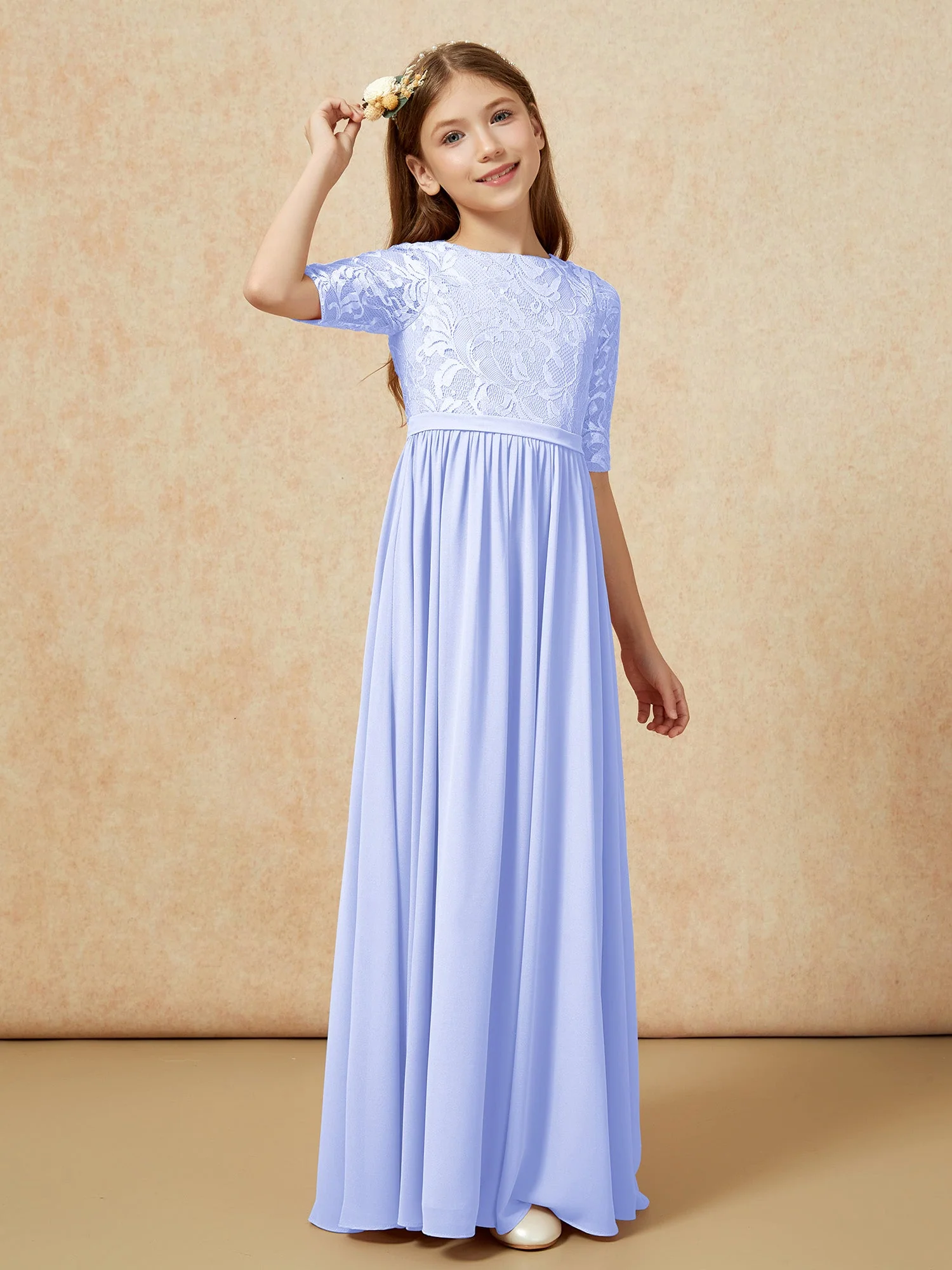 Halbarm Spitzen Oberteil Chiffon Junge Brautjungfernkleider Lavendel - Image 3