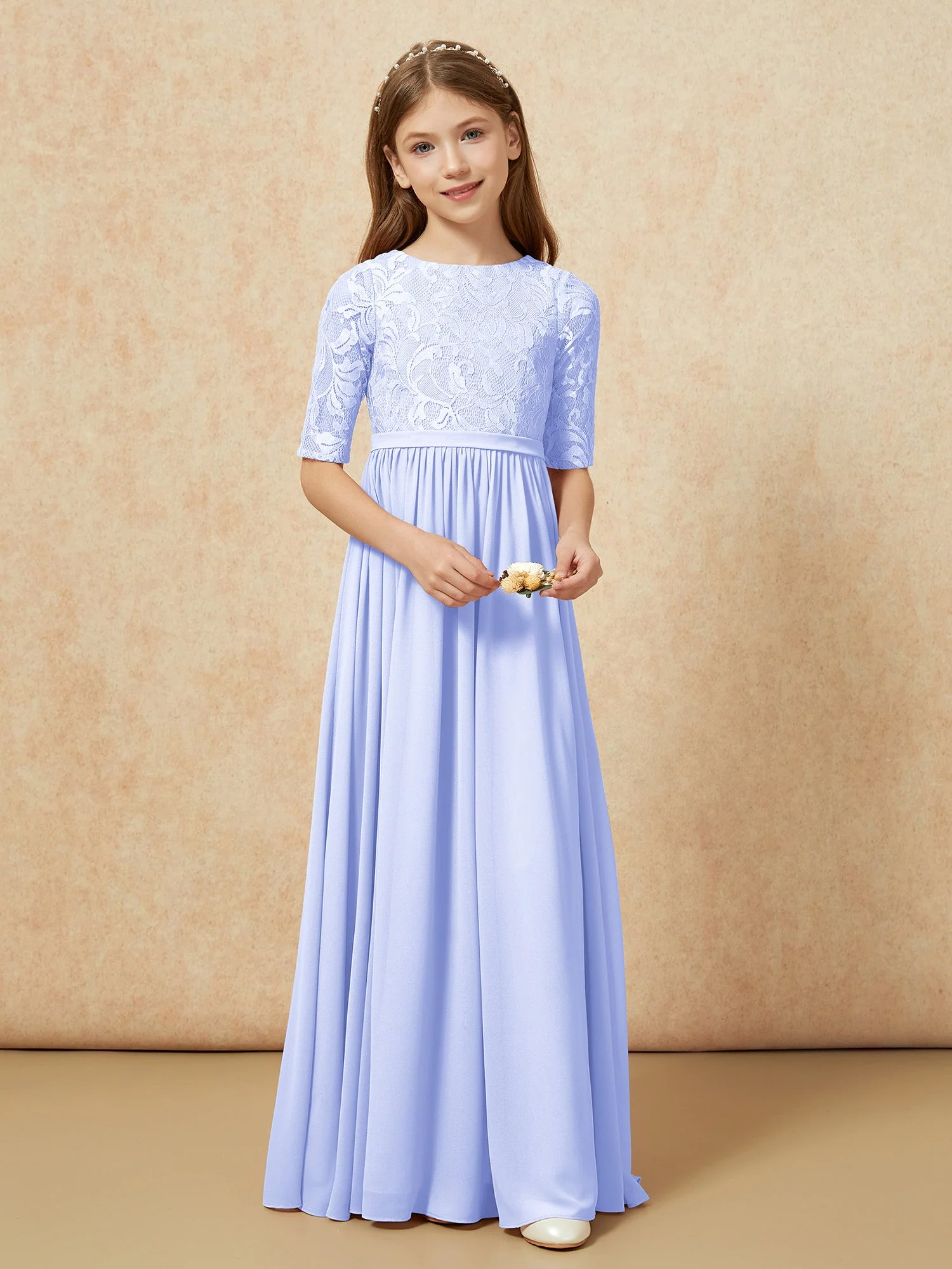 Halbarm Spitzen Oberteil Chiffon Junge Brautjungfernkleider Lavendel - Image 4
